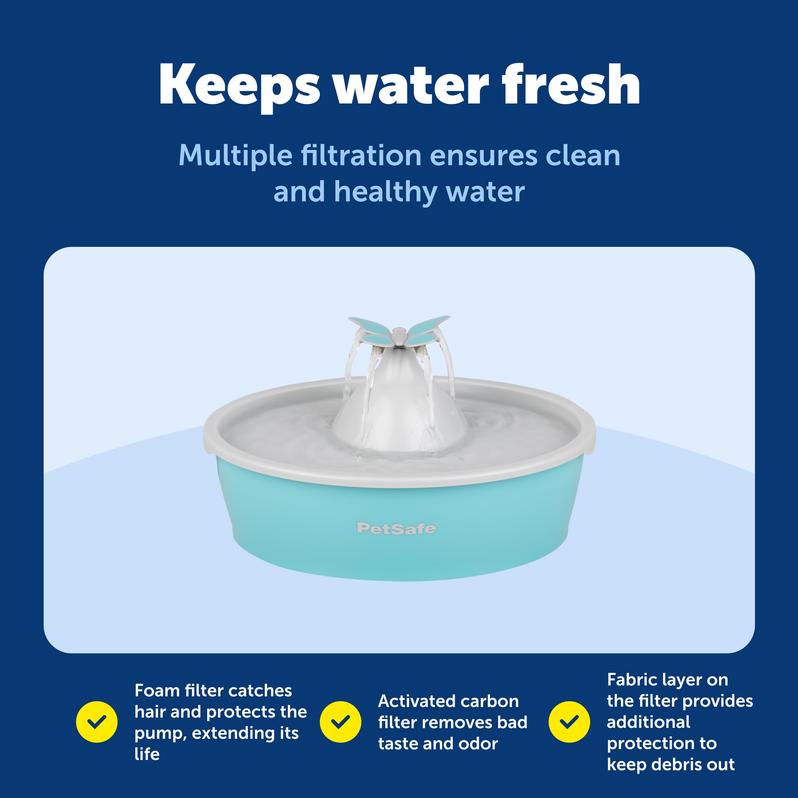 PetSafe Fuente de Agua para Gatos Mariposa con Bomba y filtros, Bonito dispensador de Agua con Capacidad de 50 onzas, Bomba y filtros Mantienen el Agua Limpia y Fresca, el Filtro Contiene 2 Veces más