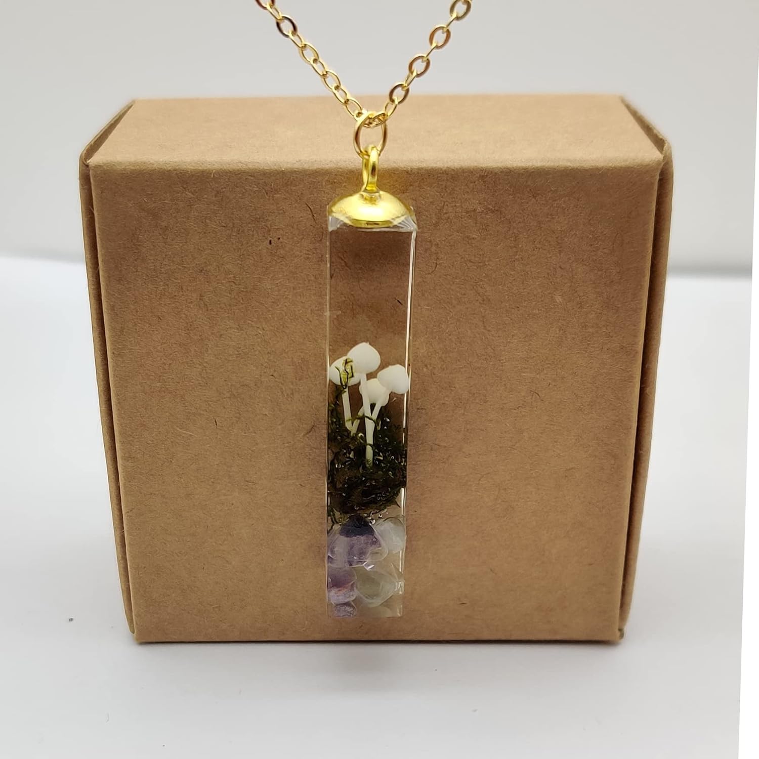 Mushroom Moss 3D Landscape Transparent Cube Resin Pendant 18k Gold Plated Necklace for Women Handmade