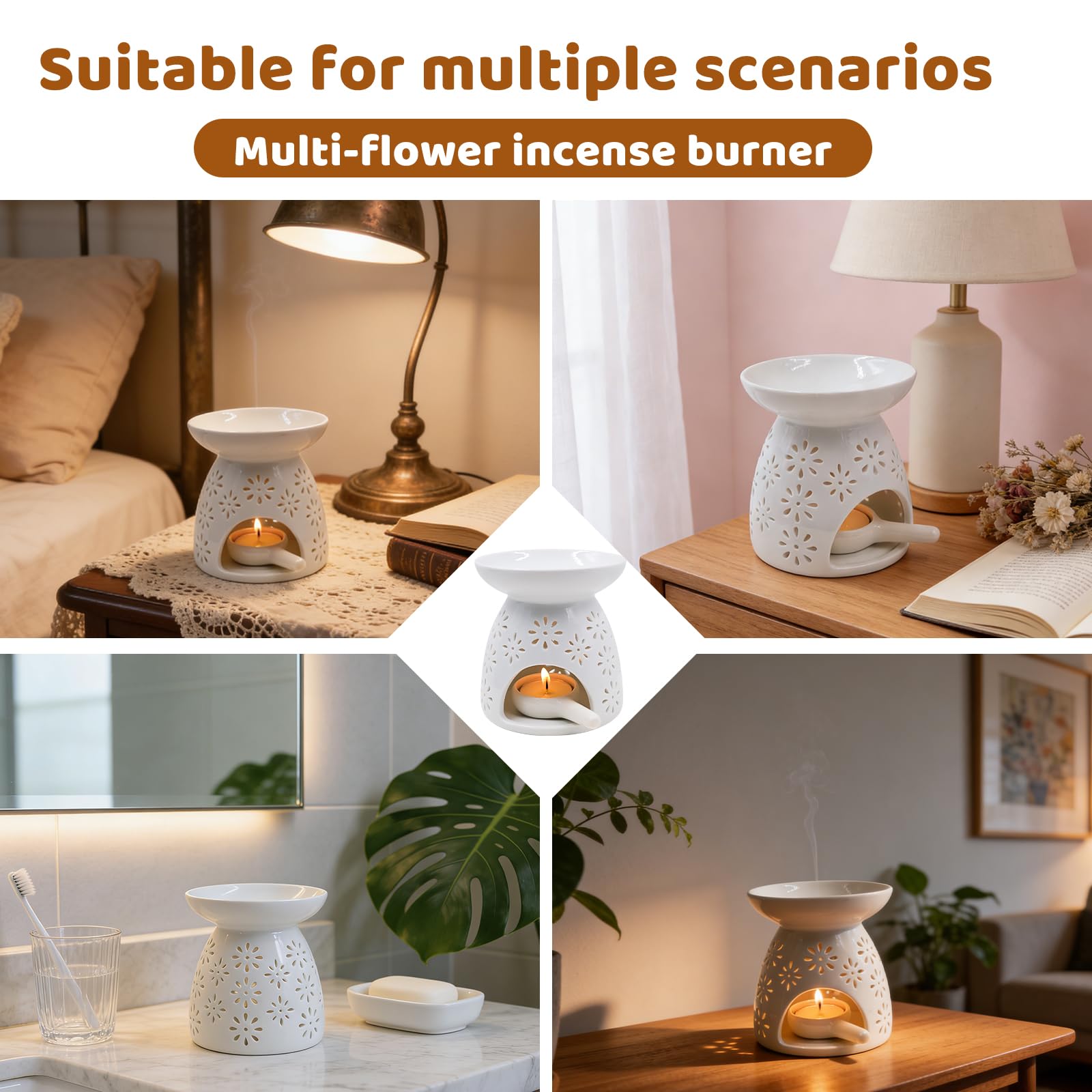 Quemador Aceites Esenciales de Cerámica con Cuchara, Difusor de Aromas para Vela Tealight, Calentador de Cera Wax Melts, Diseño de Estrellas, Decoración para Hogar y Meditación