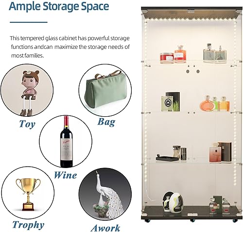 Miniatura 162 de Vitrina de cristal con 4 estantes con tira de luces LED y cerradura, vitrina de vitrina con ruedas y 1 puerta, vitrina de vidrio templado para sala