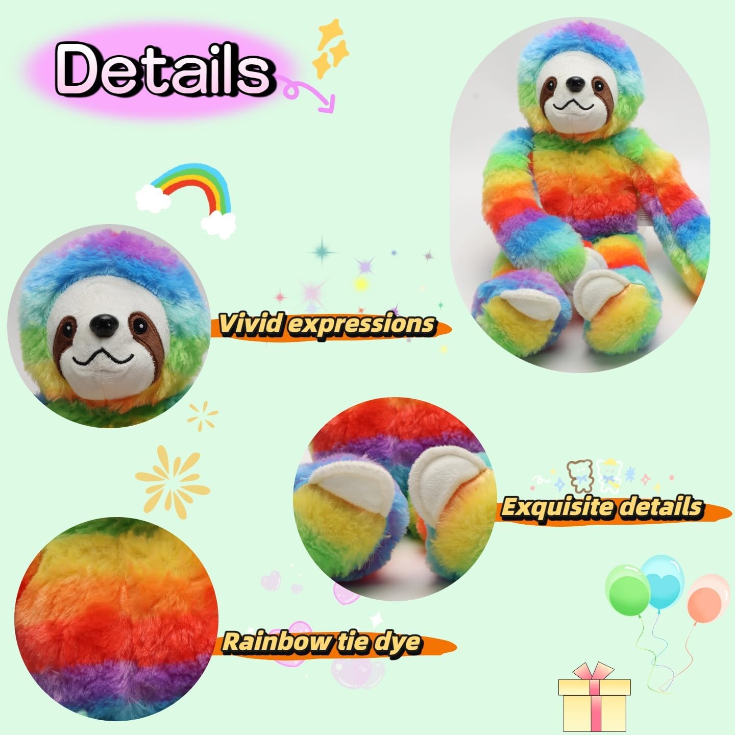 18" Rainbow Tie-Dye Sloth Plush, Kawaii Soft Sloth Stuffed Animal Toy, Cute Cuddly Wildlife Plushie for Kids & Friends, Colorful Room Décor, Birthday Christmas