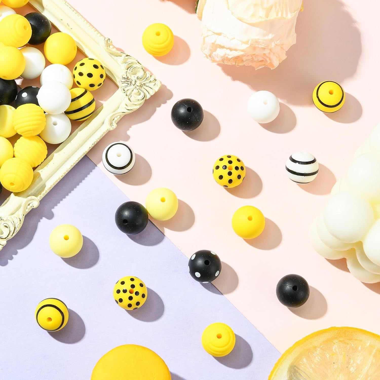 LiQunSweet 70 Pcs Silicone Beads Focal Silicone Yellow Beads Round Silicone Bead Animal Honey Bee Theme Beads Rubber Beads for Keychain Making for Pens for Lanyard Making