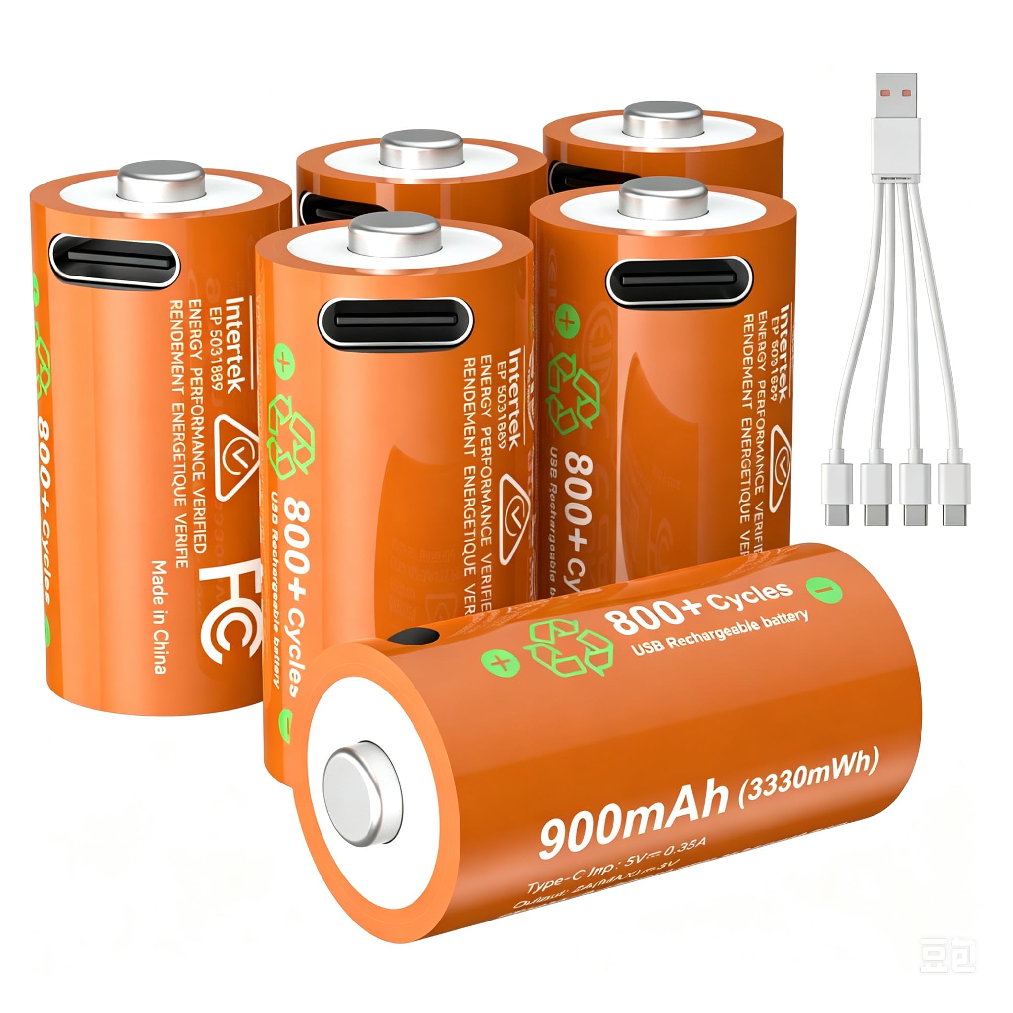 ENEGON Caricabatterie USB-C con 6 batterie 900 mAh, kit cavo di ricarica da 1 a 6 | 6 batterie ricaricabili, cavo da 1 a 6, ricarica USB-C, 900 mAh
