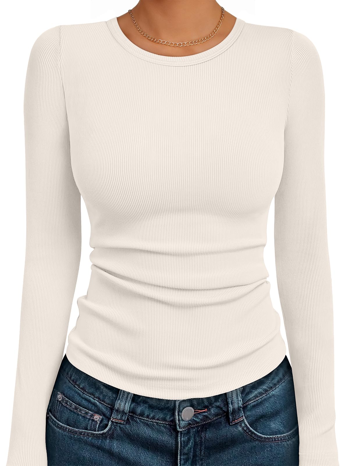 AUTOMET Women's Ribbed Long Sleeve Shirts Basic Top For Fall Work & Casual | Soft Stretch Crewneck Shirt for Fall & Winter, Breathable Fitted Softness Tops, Solid Color Base Layer