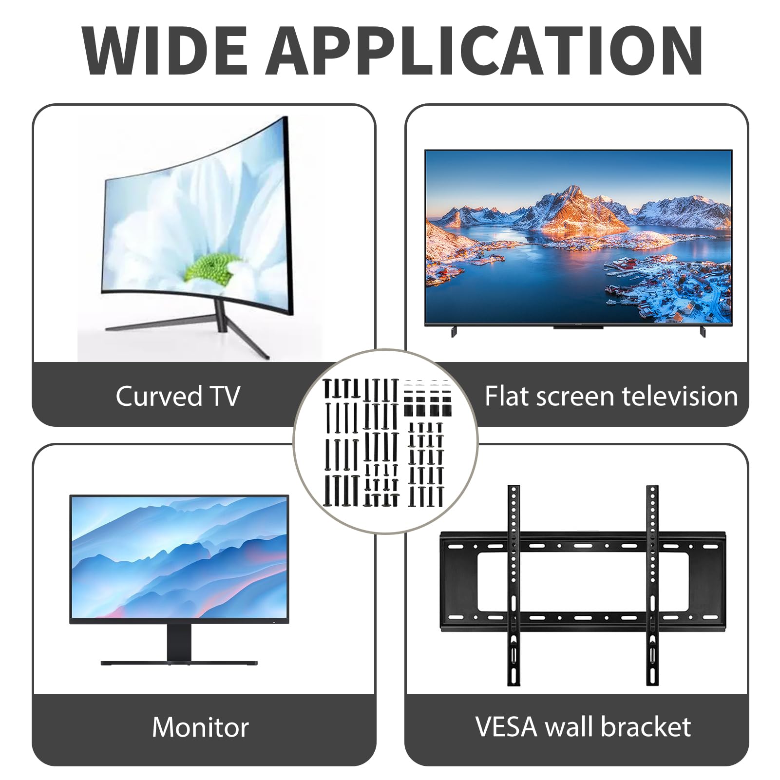 Universal TV Mounting Screw Kit for VESA Standard Wall Mount Brackets, M4 M5 M6 M8 Bolts with Washers and Spacers, Fits Most up to 80 Inch Screens, Black — view 5