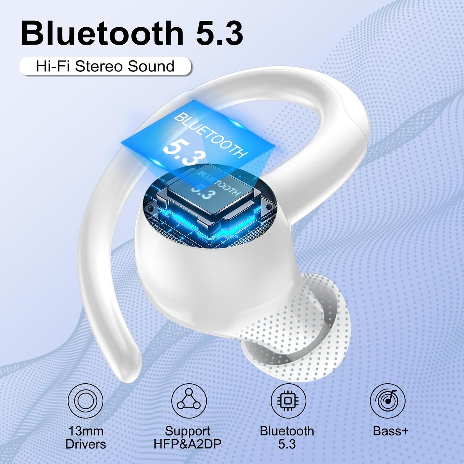 Wireless Earbuds Bluetooth 5.3 Headphones Sports, 48H Over Ear Buds with ENC Mic, Stereo Deep Bass Bluetooth Earbuds with Secure Earhooks, LED Display, IPX7 Waterproof Earphone for Running/Gym White