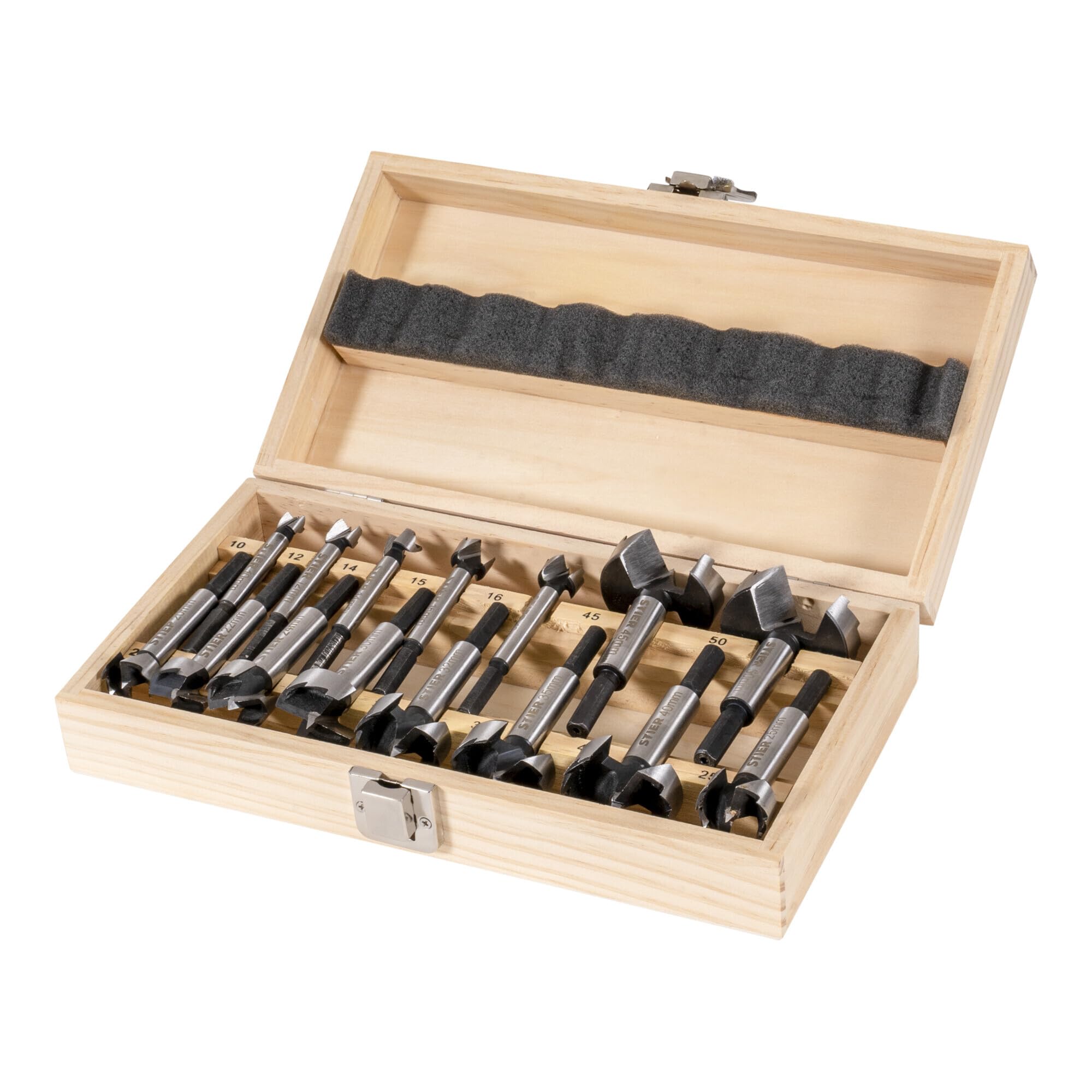 Jeu de forets à façonner STIER rangés dans un coffret en bois, 15 pièces