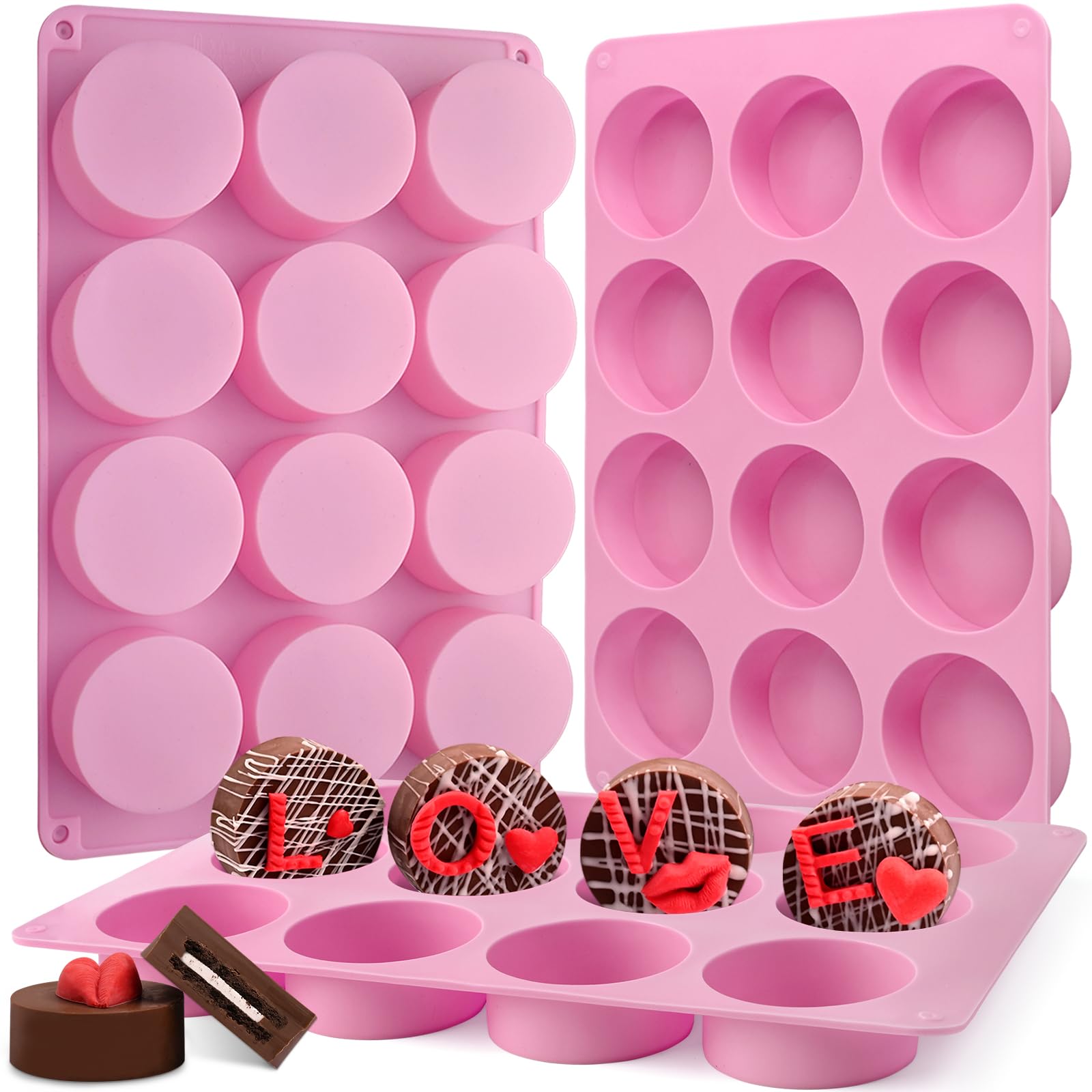 Actvty Round Chocolate Cookie Molds, 3 Pieces 12-Cavity Cylinder Chocolate Silicone Molds for Covered Cookie, Cookies Candy Jelly Mini Cakes and Muffin Baking(Pink)