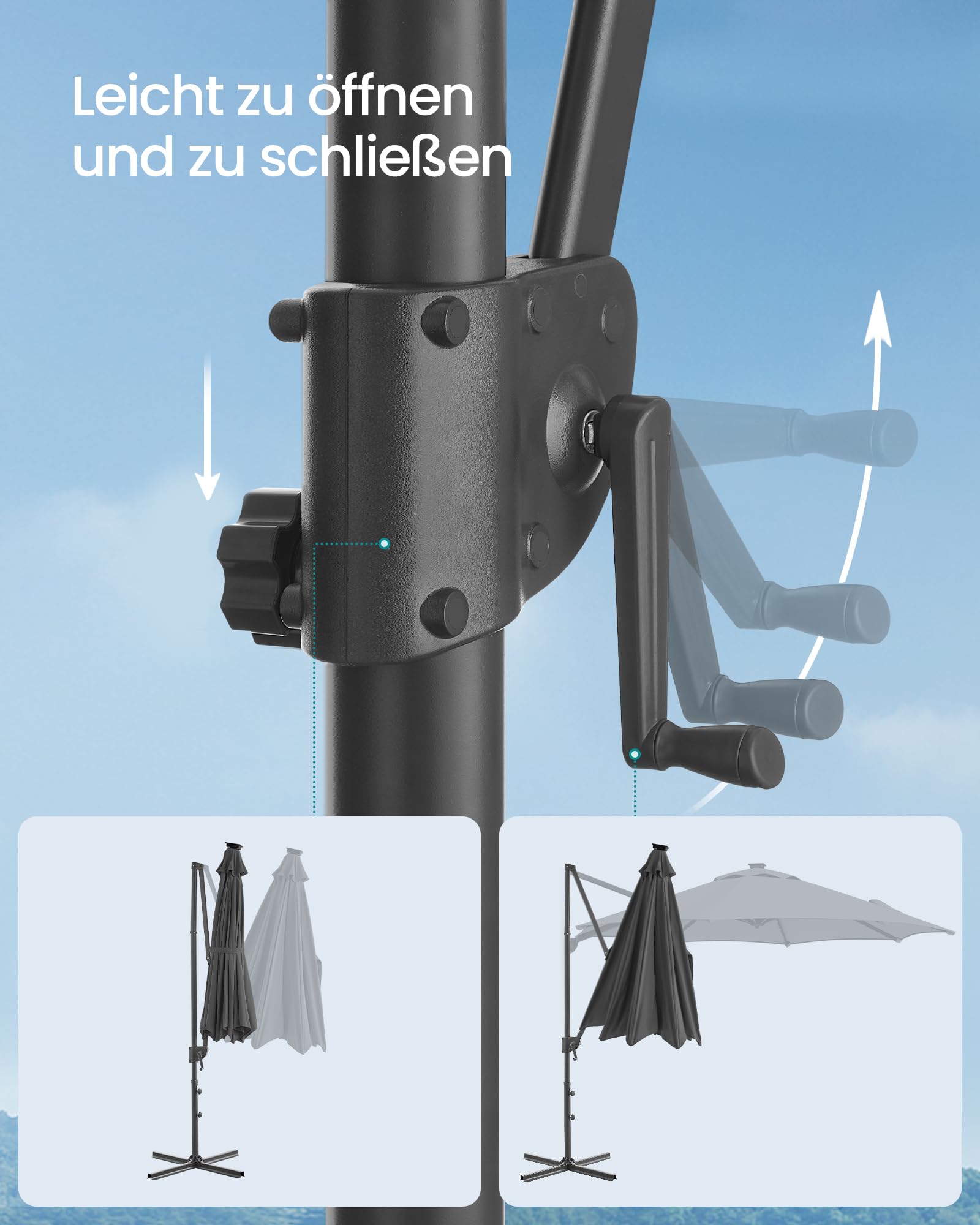 SONGMICS Sonnenschirm Ampelschirm 300 cm 28 Solar-LED-Leuchten | UPF 50+, Gartenschirm, um 360° drehbar, Neigungswinkel stufenlos verstellbar, mit Kurbel, Kreuzfuß, grau GPU047G02