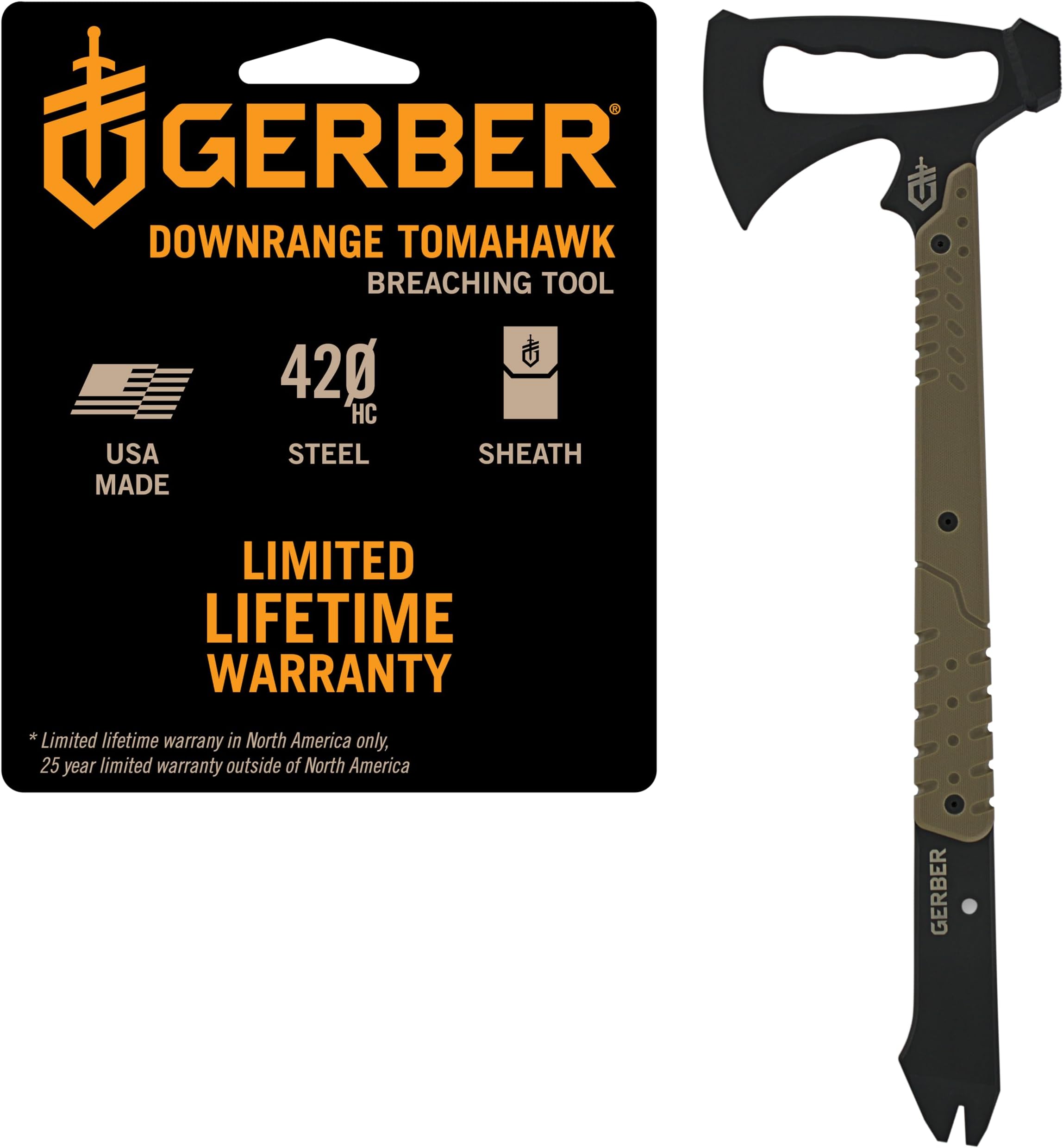 Gerber Gear Downrange Tactical Tomahawk Survival Multitool, Made in USA Camping Axe with Hammer Head and Steel Pry Bar, Includes Sheath with Integrated Molle Straps