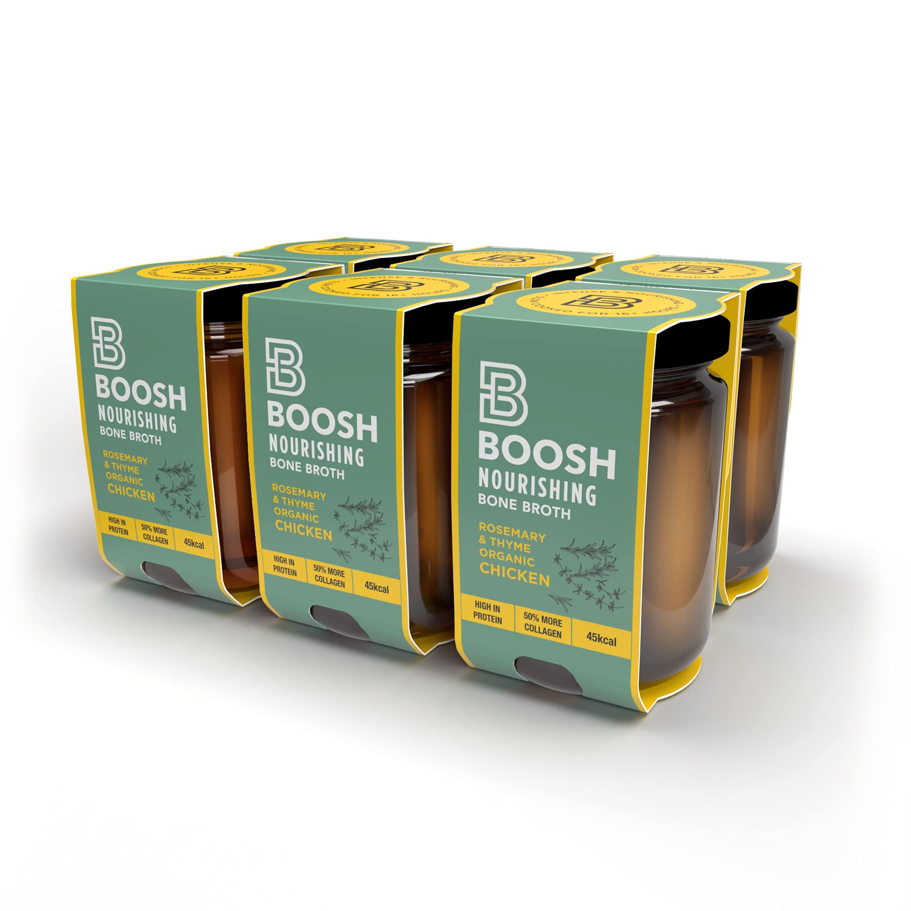 Boosh Bone Broth | Rosemary & Thyme Organic Chicken | Pasture-Raised, Packed with Collagen, Protein & Electrolytes | Portable, Plastic-Free | for Low Carb, Keto, Fasting, Paleo | 6 Pack x 350mL