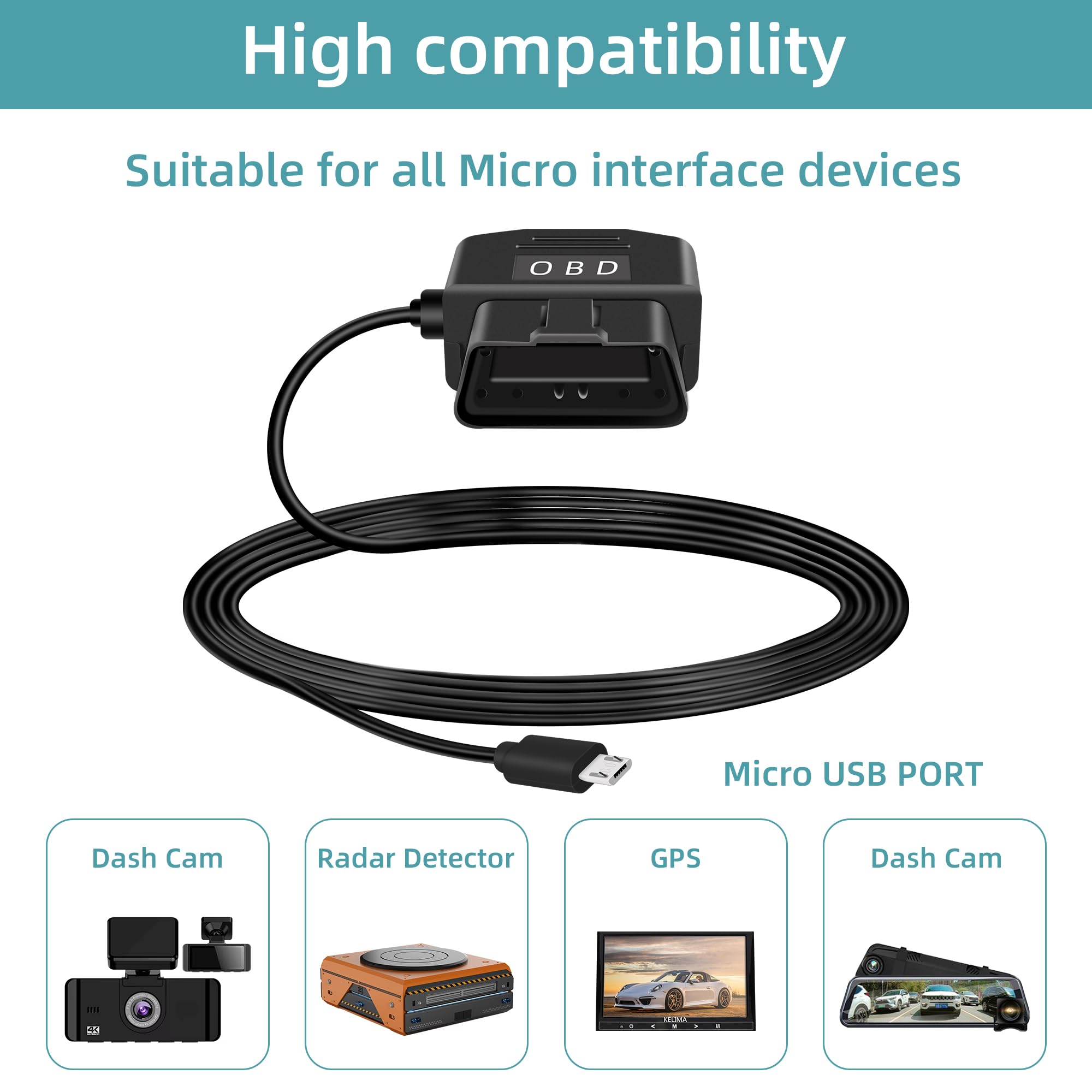 Kabel zasilający OBD do kamery samochodowej GELRHONR, MICRO USB 90 stopni, ładowarka OBD2 z przyciskiem, 3,5M, 5V-3A, 12-24V