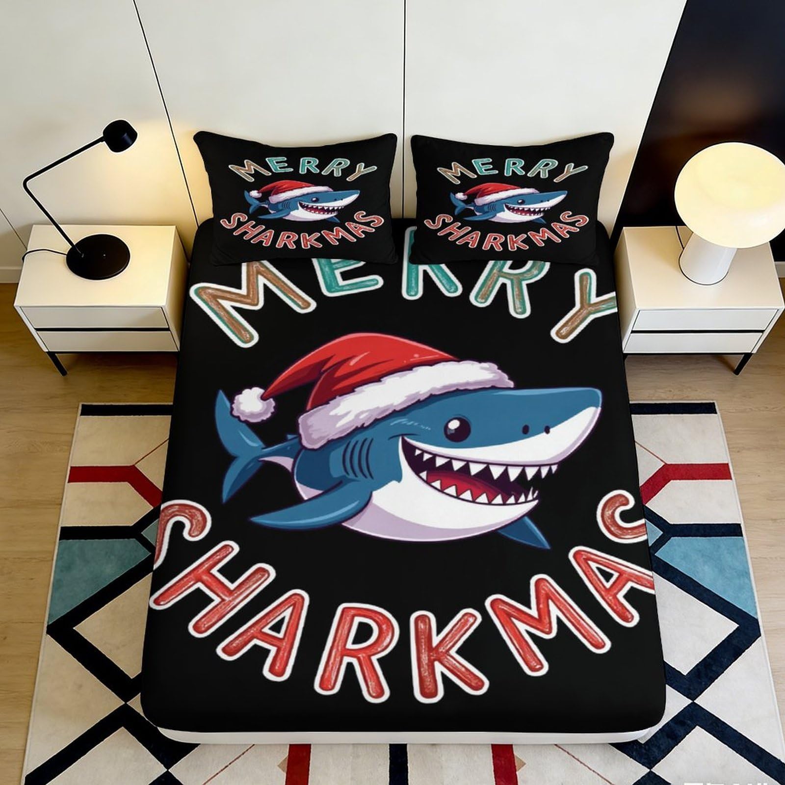 3D Printed Christmas Shark Fitted Sheet Microfiber Soft Black Cartoon Santa Shark Mattress Cover for Bedroom Dorm Room Decor 90x200x25cm