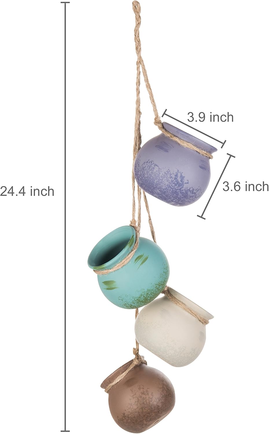 MyGift 4-Pot Hanging Planter Pots - Rustic Pastel Ceramic Mini Cauldron Pot Set with Jute Rope