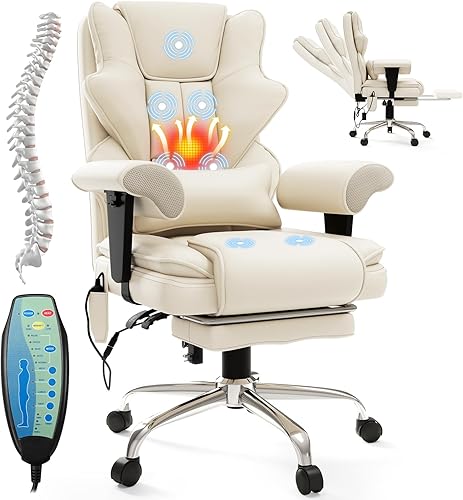 Silla de Oficina de Masaje de 7 Puntos, Silla Gerencial Calefaccionada, Silla Ejecutiva Ergonómica con Reposapiés, Reposabrazos Ajustable, Silla