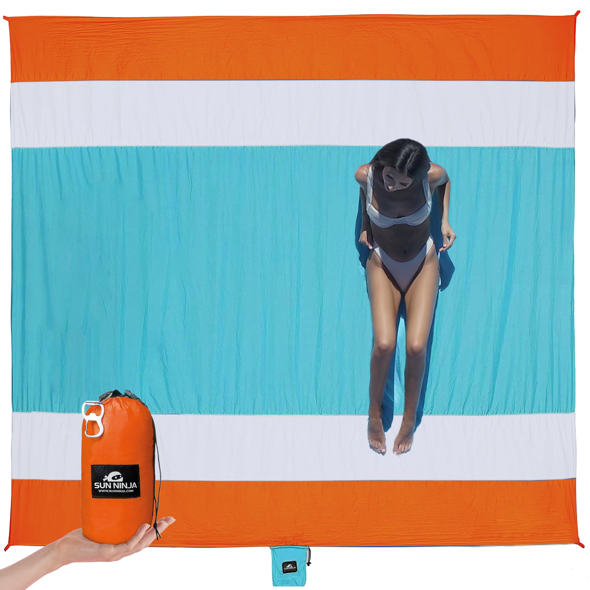 SUN NINJASand-Free Beach Blanket - 10ft X 9ft Lightweight Outdoor Blanket with Storage, Bottle Opener, Carabiner, Shoulder Strap, Corner Sand Pockets & 4 Stakes