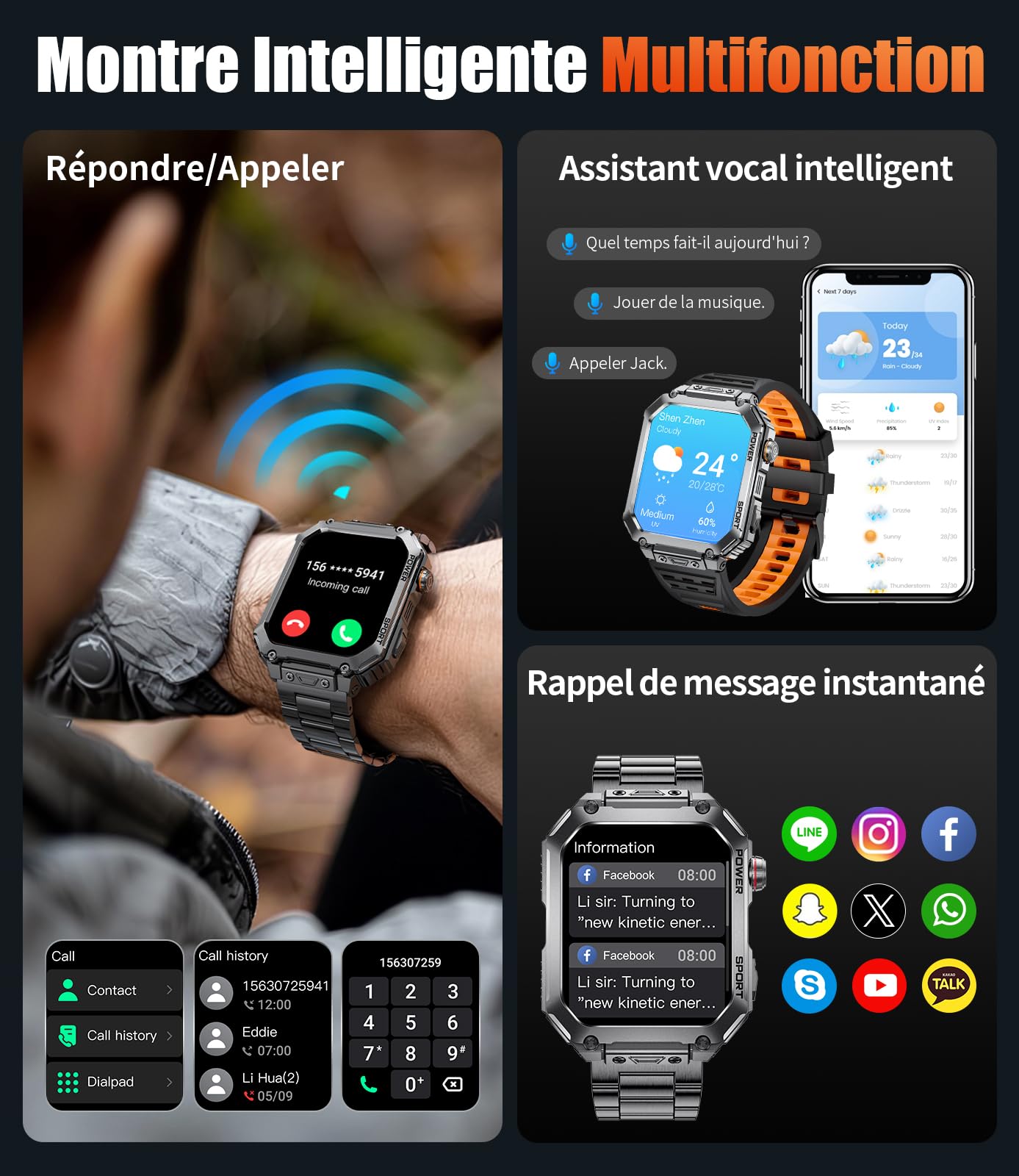 LIGE Montre Connectée Homme avec 3 Bracelets, Grand Écran HD de 2,01", Appels Bluetooth, Suivi de la Fréquence Cardiaque, Podomètre, Smartwatch Étanche IP68 Compatible Android et iOS, EF2-L