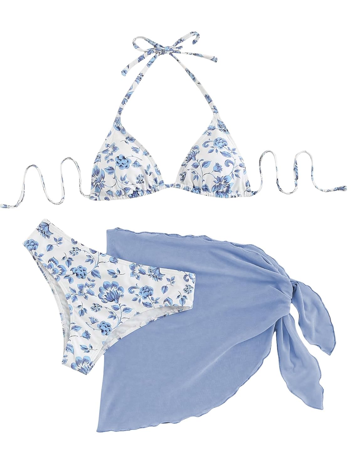 SHENHE Womens 3 Piece Floral Bikini Set with Wrap Coverup Halter Triangle Swimsuits