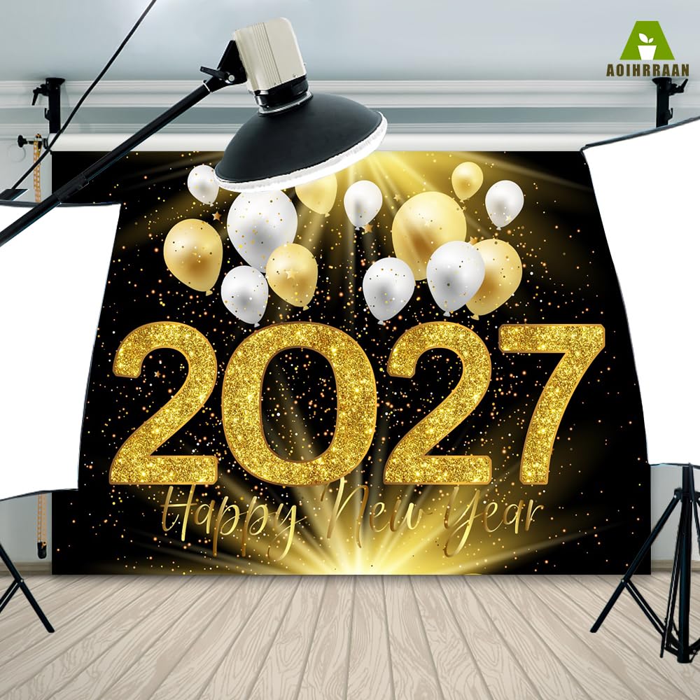 Aoihrraan Capodanno Sfondo 4,5x3m Dorati Palloncini Accessori Fotografici | 2027 Particelle Glitterate Oro Fotografia, Stampa Nitida E Vivida, Per Festività Ritratti Di Famiglia Compleanni Anniversari