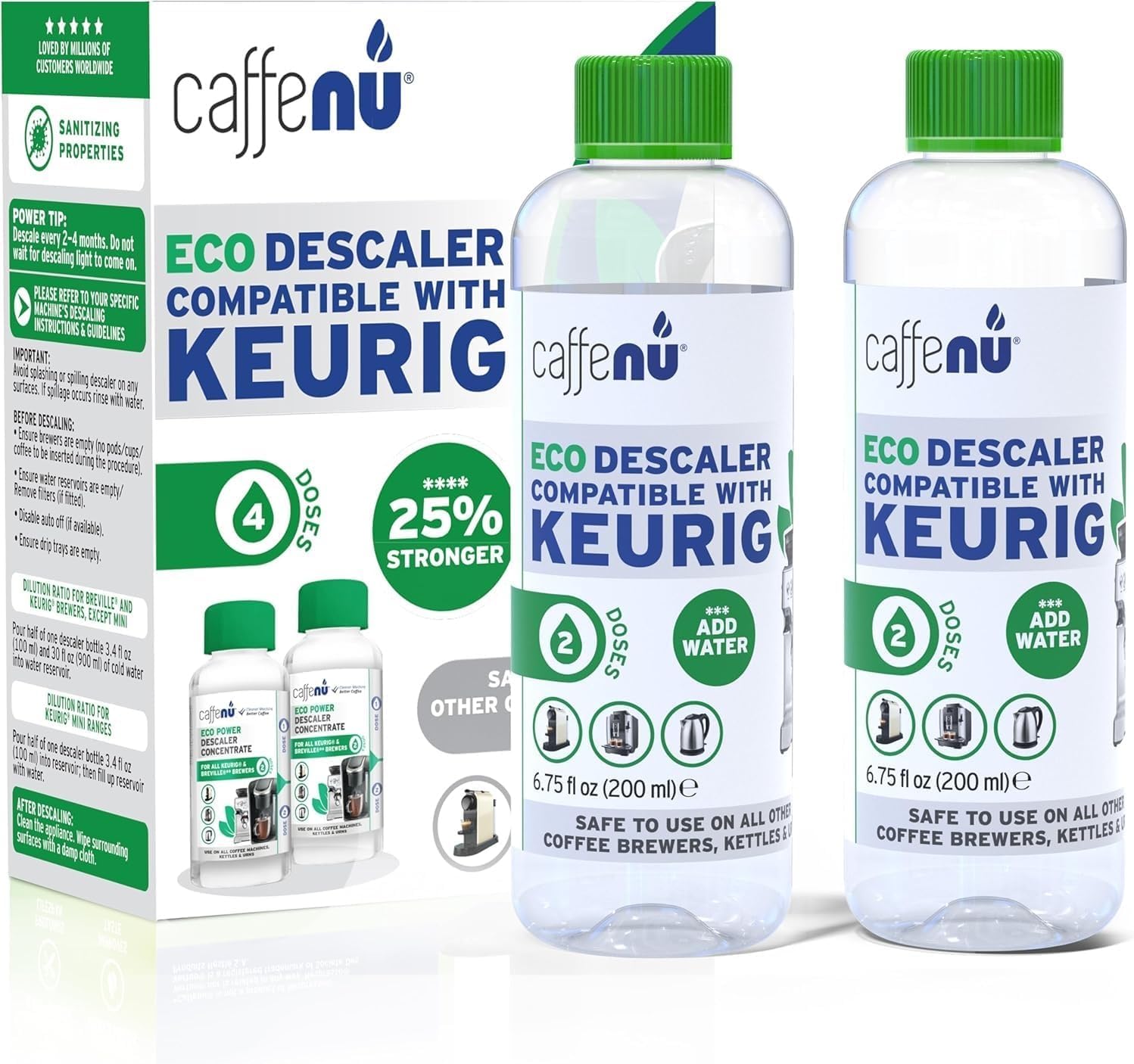 Keurig Compatible Descaling Solution. 2 Bottles of Descaler Solution. Descaling Kit Removes Limescale For Hotter Coffee. 4 Uses Descaler For Keurig Coffee Makers.