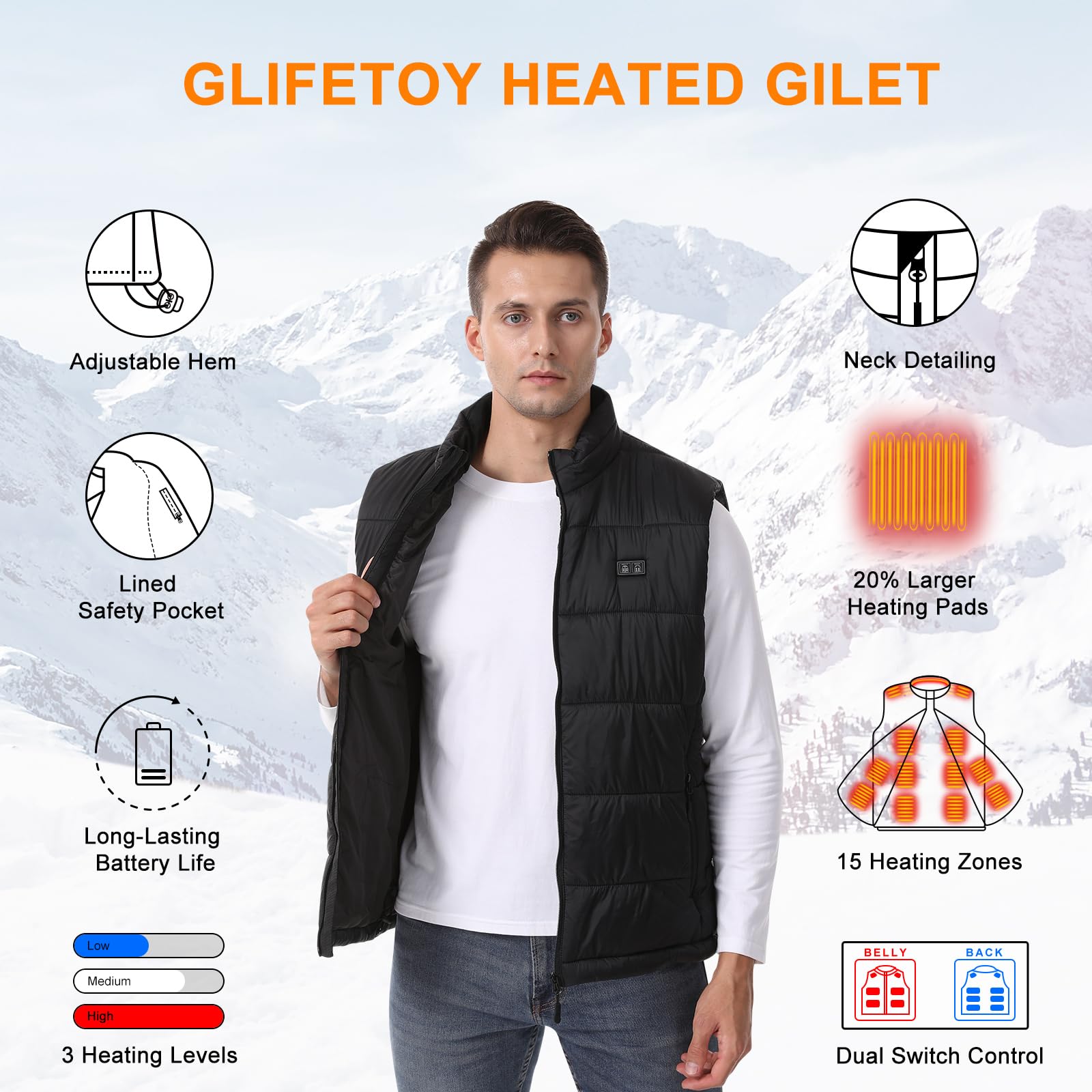 Gilet Chauffant Homme, 15 Zones Chauffantes Veste Chauffante avec Power Bank, Veste Chauffante avec Batterie 12000mAh ＆ 3 Réglages de Température, Gilet Chauffant Homme pour Ski et Randonnée