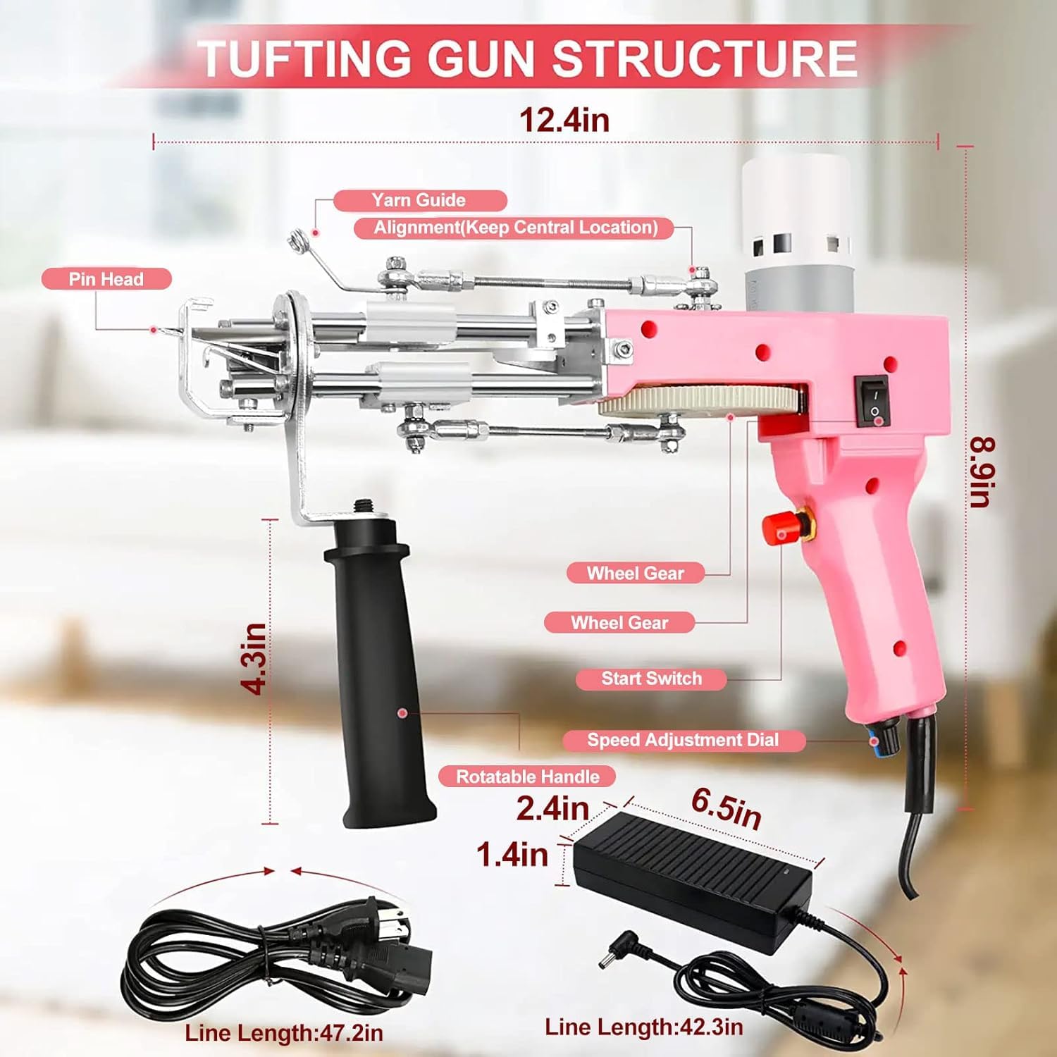 Tufting Gun 2 en 1,Pistola Tufting 5-40 Etapas/S Pistola de Tufting Eléctrica 7-21 mm Ajustable Máquina de Tejer Alfombras para Navidad Artesanía Alfombra Ropa Rosa