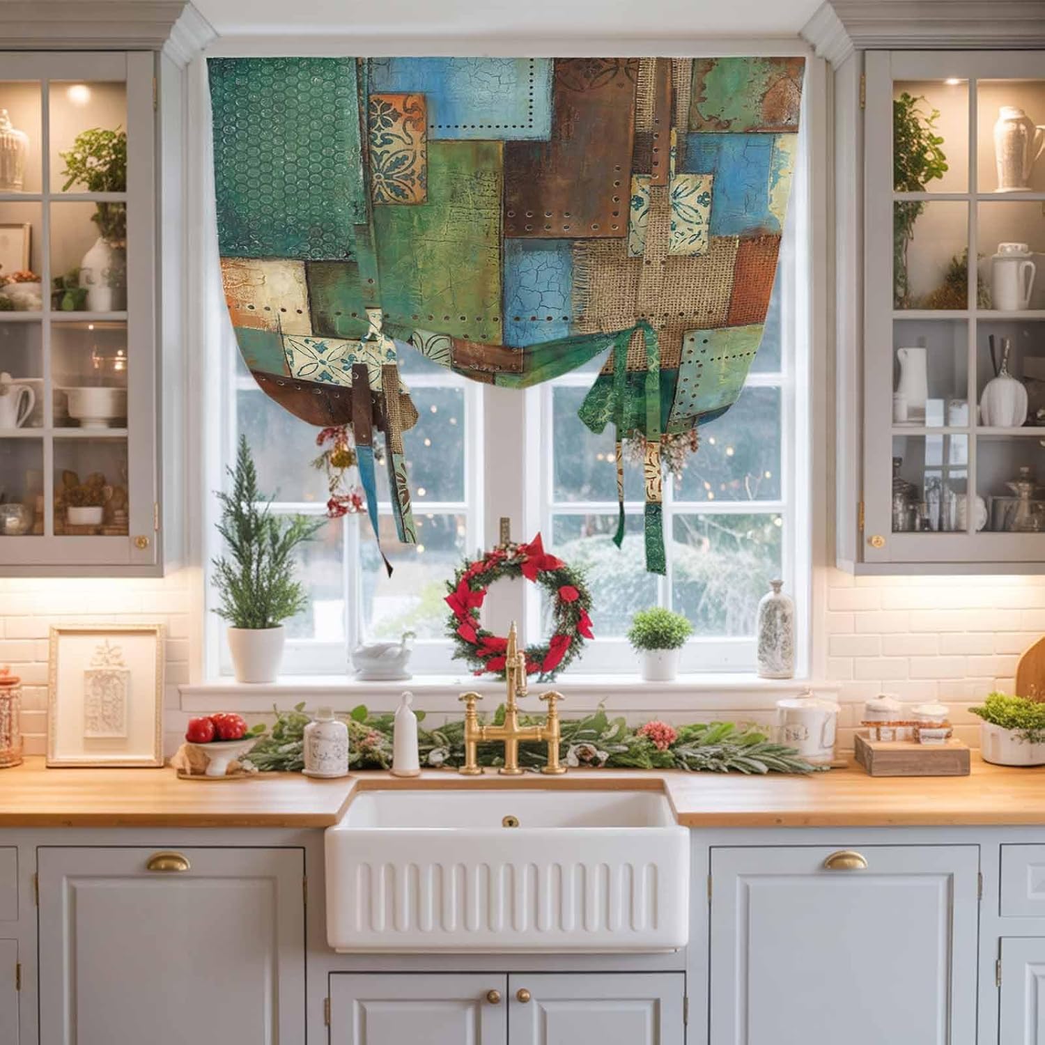 Color Block Boho Tie Up Curtains for Windows 63 Inch Length Balloon Curtains Kitchen Adjustable Balloon Window Shade Geometric Vintage Botanical Tie Up Valance Bathroom Curtain Window 52"x63"