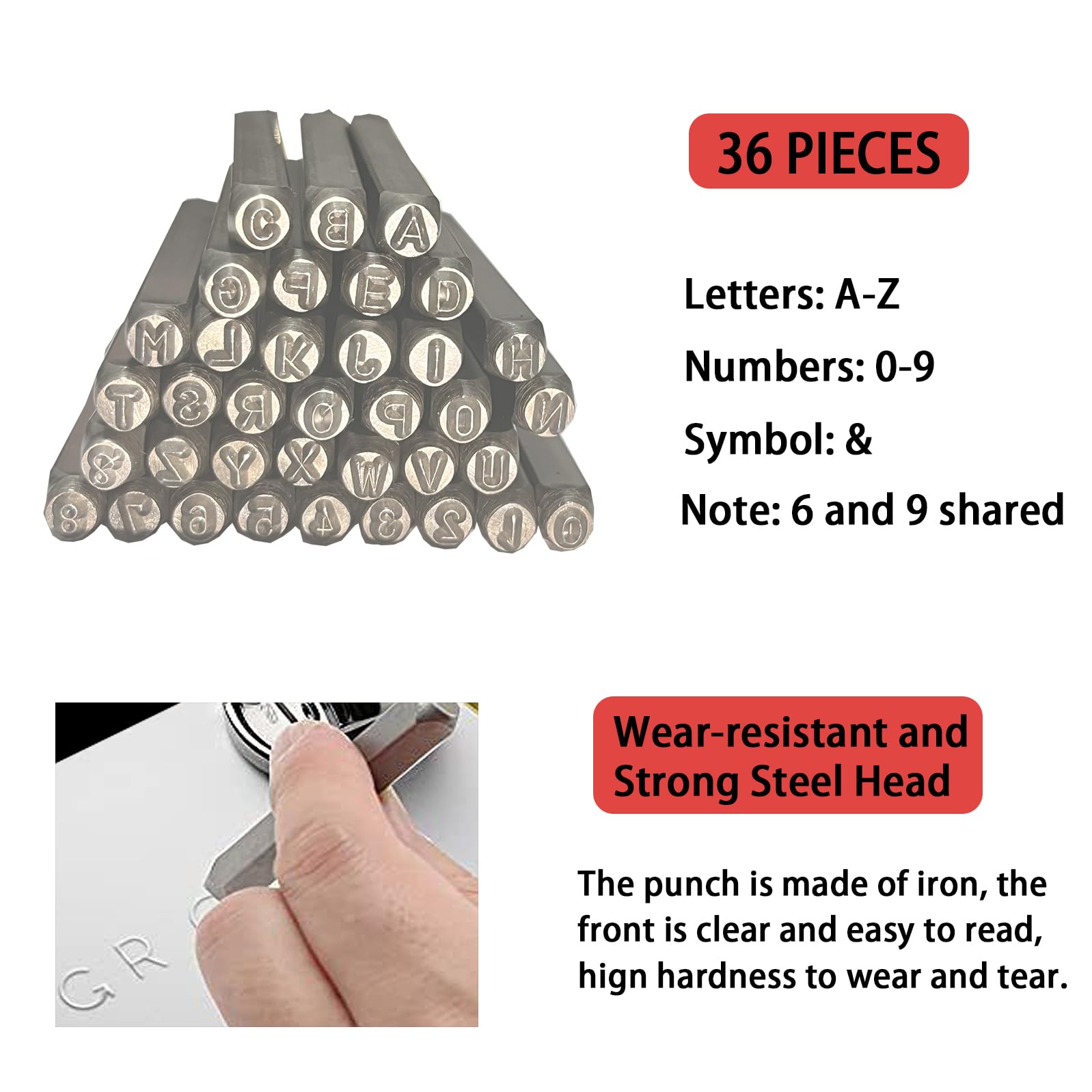 Lot de 36 chiffres et lettres alphabet A-Z, 0-9 et tampons pour bricolage, cuir, plastique, bois, métal, aluminium