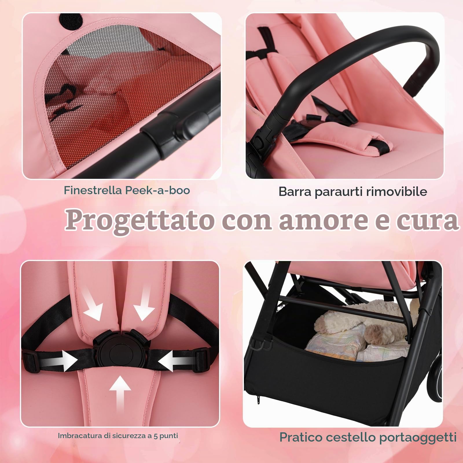 LIFEZEAL Passeggino Ultraleggero per Bambini 0-36 Mesi, Pieghevole, Portatile, Regolabile, Compatto, 6kg, Passeggino con Parasole, Cintura di Sicurezza, Freno, Cesto, per Viaggio, Aereo (rosa)