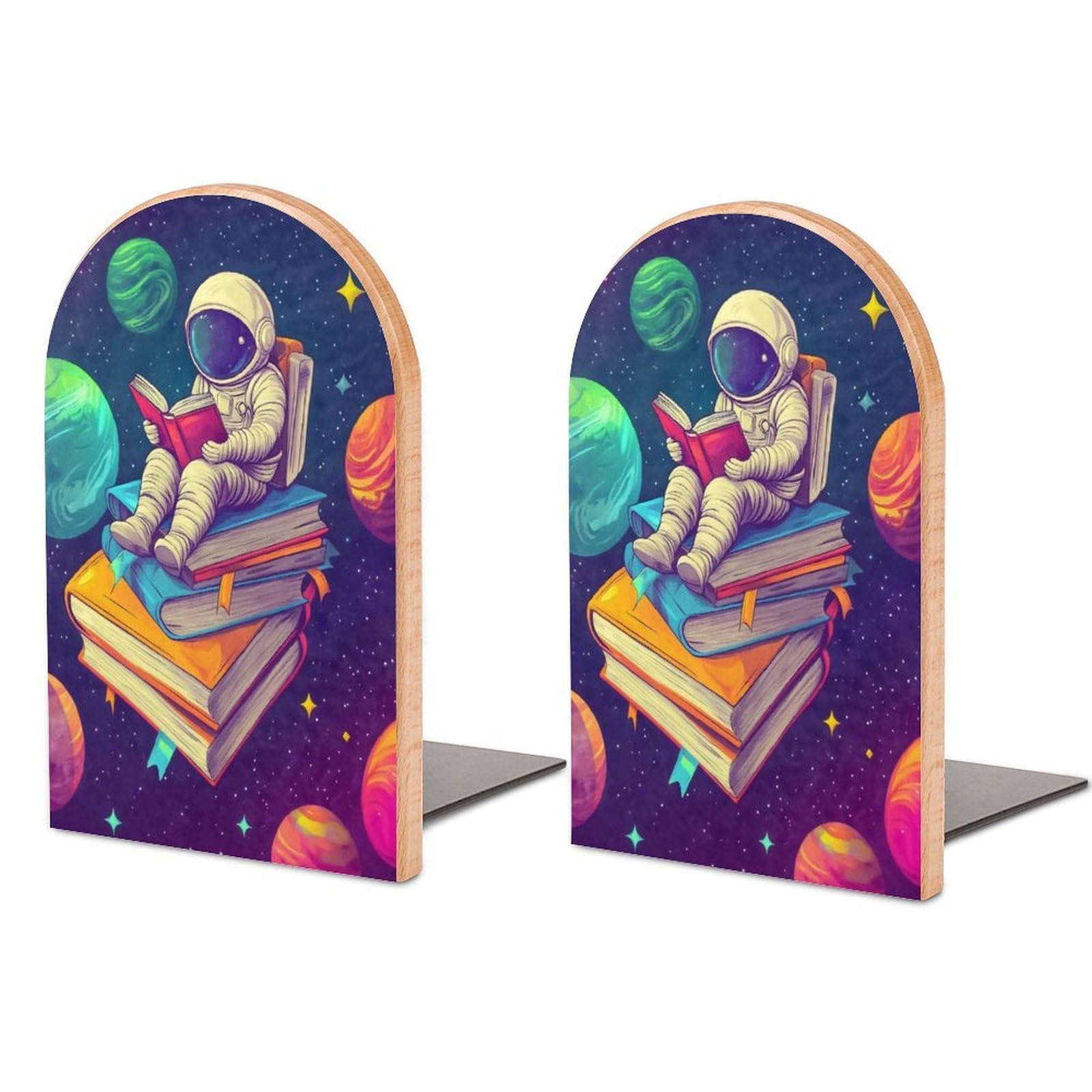 Astronaut Reading Space Books Solid Beech Wood Bookends, Decorative Book Ends,1 Pair, 4.7" X 6.7"