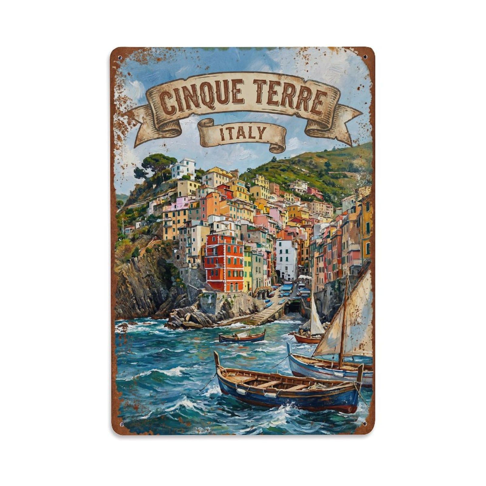 Huiyhb 8X12inch(20X30cm) Vintage Travel Cinque Terre Italy Seascape Metal Tin Sign