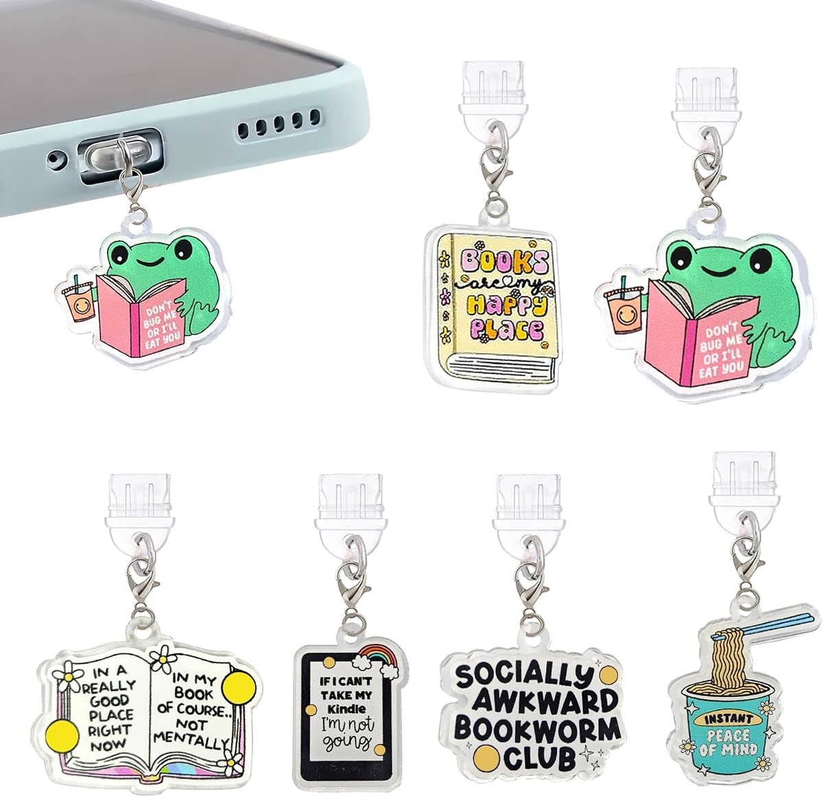 6PCS Bookish USB C Dust Plug Charms for Kindle E-Reader Reading Gift | Reading-themed USB C dust plug charms with cute book designs for e-readers, phones and tablets. Great gift for book lovers.