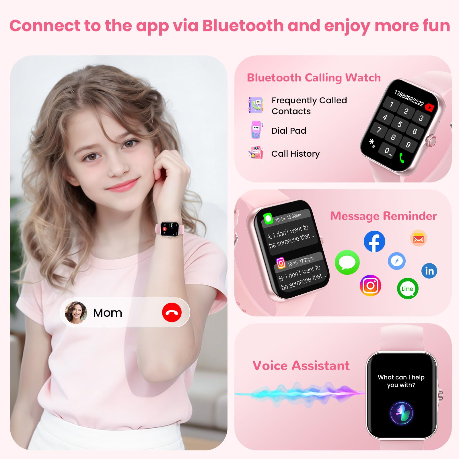 PTHTECHUS Montre Connectée Enfant avec Appel Bluetooth, 1,83" Fitness Tracker pour Garçon Fille 5-16 Ans, 120+ Modes Sport Podomètre Réveil Jeux Étanche IP68 Cadeau Anniversaire, Rose
