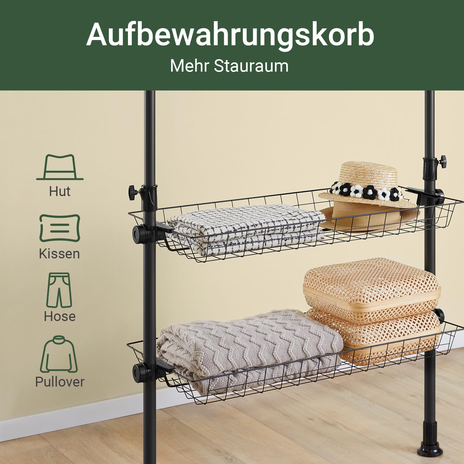 SoBuy Teleskop Kleiderständer, robuster Kleiderstange, verstellbarer offener Kleiderschrank mit Ablagekörbe für Schlafzimmer, Garderobenständer, Schwarz KLS04-II-SCH
