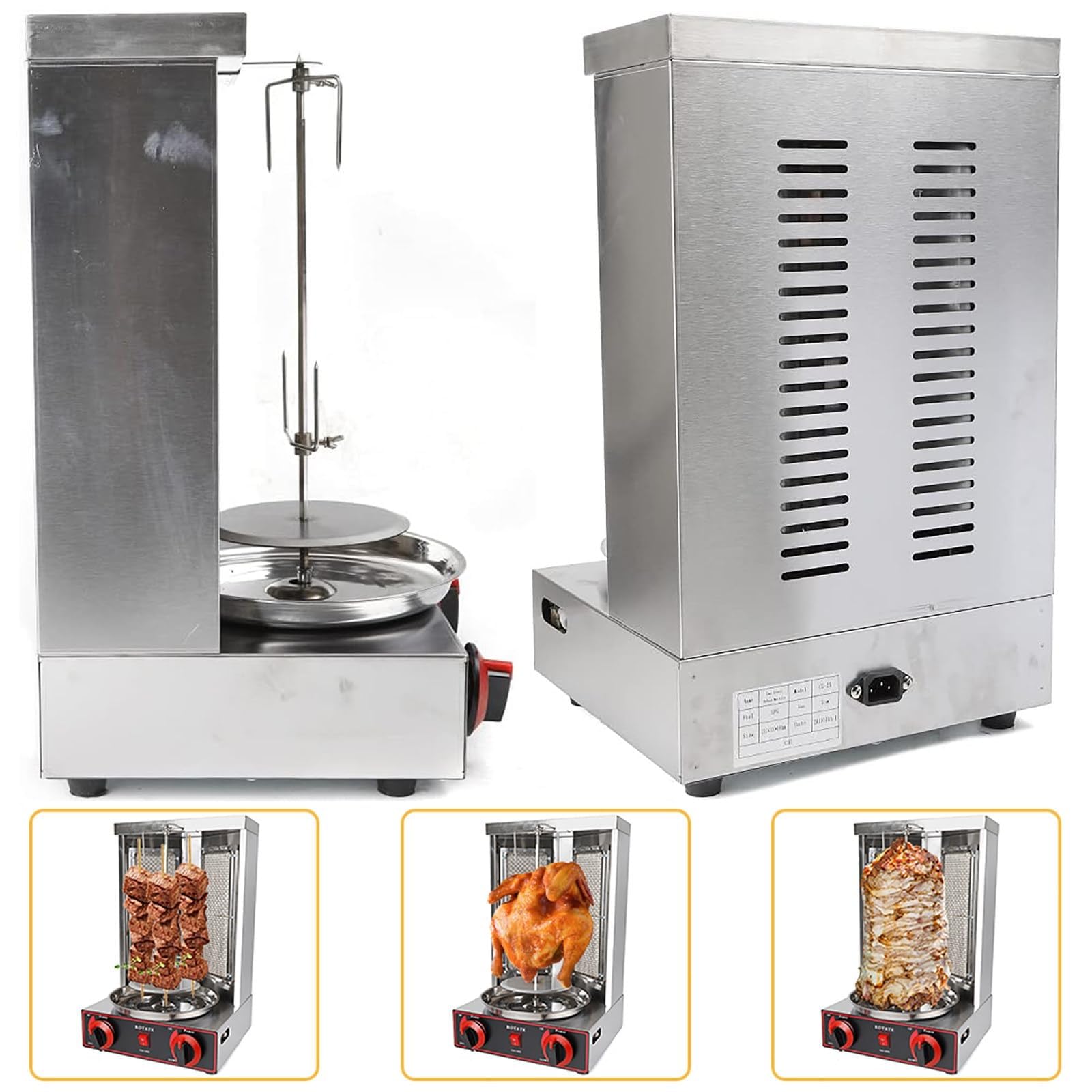 Máquina De Kebab Shawarma, Doner, Parrilla Horno Asador Gas, Giroscópica Vertical Con 2 Tubos Calentamiento Y Bandeja Recolectora Carne(Silver)