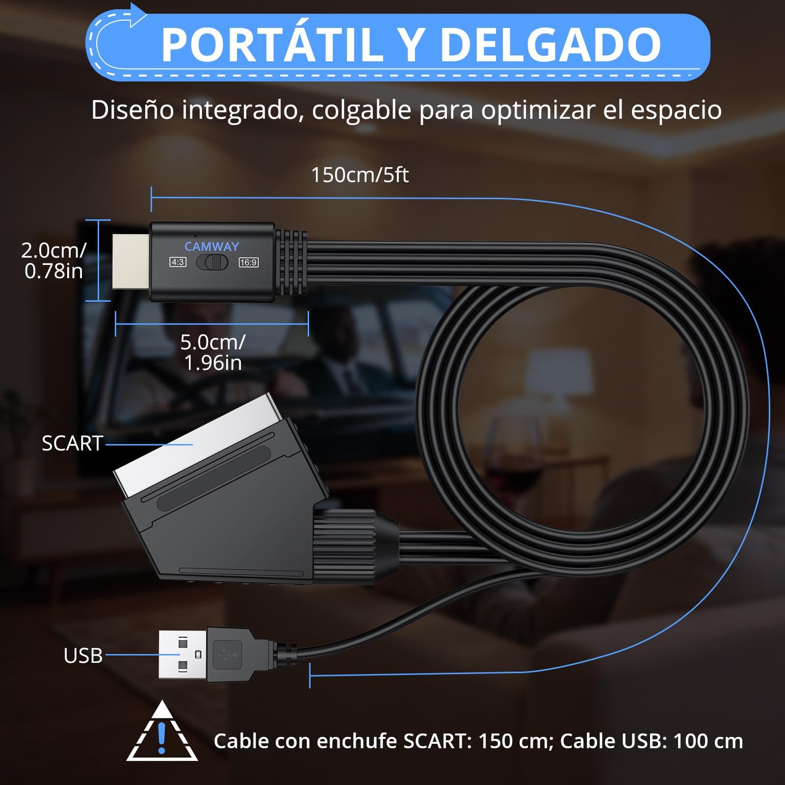 CAMWAY Adaptador SCART a HDMI con Switch 16:9/4:3, 1080P Convertidor Euroconector a HDMI con 150CM Cable SCART Macho Integrado, Diseño de Cable Todo en Uno, Compatible con PAL NTSC para DVD VCR VHS — view 6