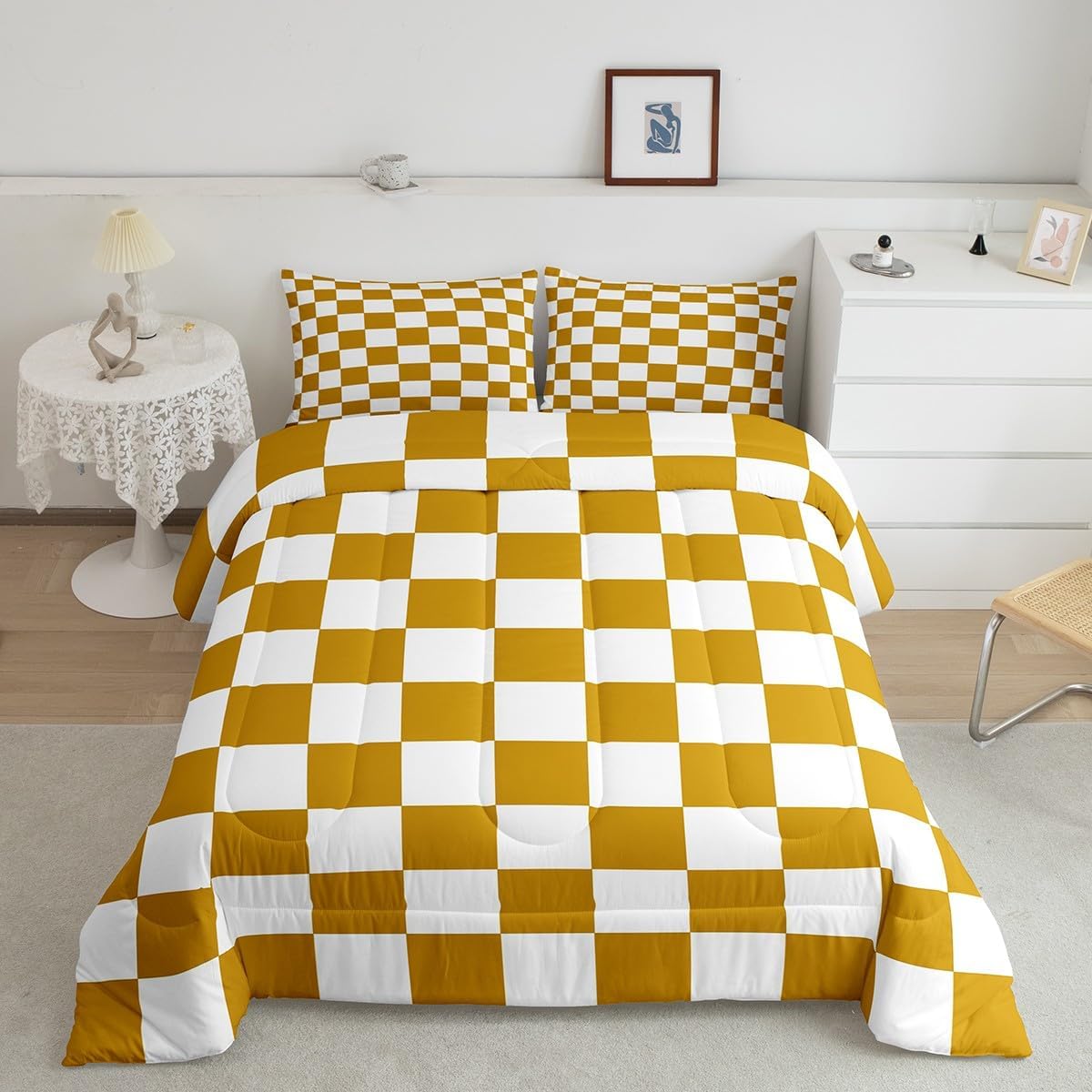 Feelyou Checkered Bedding Set Teen Women Men Yellow White Plaid Decoration Comforter Set Twin Size Kids Boys Girls Cute Retro Neutral Grid Geometric Duvet Insert Vintage Aesthetic Room Decor