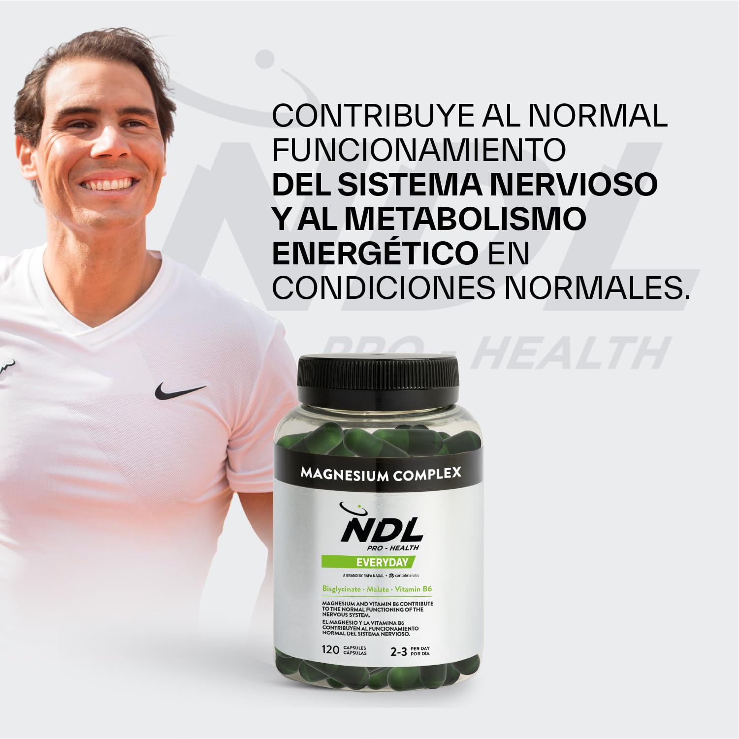 NDL Pro-Health Magnesium Complex con Vitamina B6 y D – Triple Magnesio (Bisglicinato, Malato y Citrato) | Energía, Músculos y Sistema Nervioso | 120 Cáps. | Una marca de Rafa Nadal & Cantabria Labs
