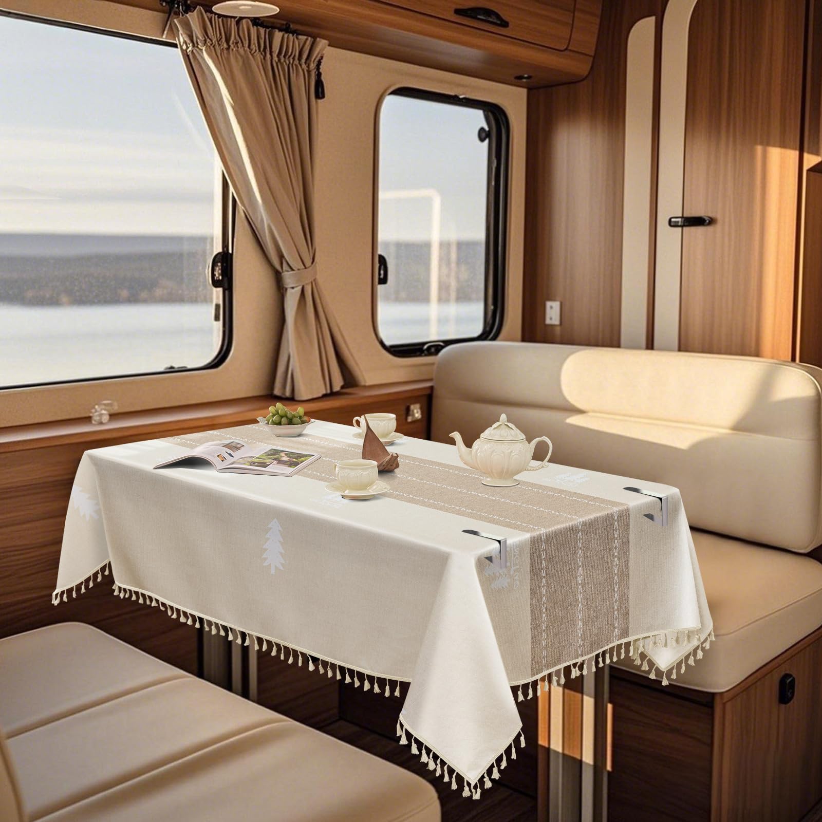 SYLC Waterproof Linen Tablecloth for Motorhome, Outdoor Table Cloth Rectangular with 6 Clips Non-slip, Wipeable Table Sheet for Dining/dinette (printed 21,90 cm × 130 cm)
