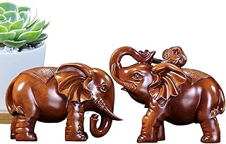 Amesor Holz Elefant | Handgeschnitzte Holz Elefanten Statue | 1 Paar Wohnaccessoire Deko Skulptur Für Tisch Schreibtisch