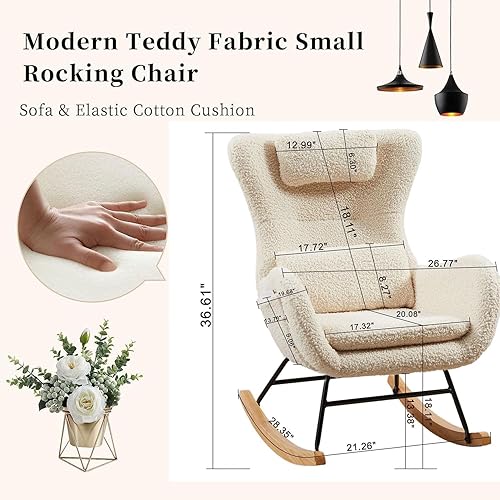 Miniatura 9 de Mecedora tapizada de peluche, asiento acolchado con otomana, respaldo alto, sillón moderno, cómodo juego de guardería para guardería, sala de estar,