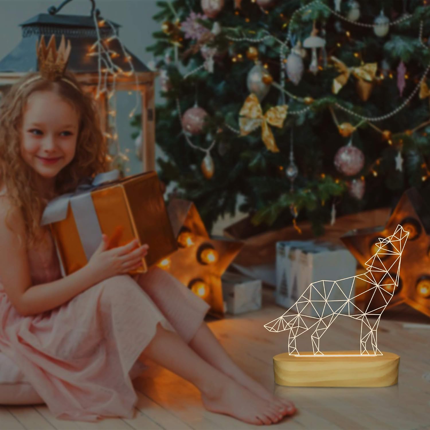 Wolves Gifts,3D Optical Illusion Wolf Lamp Animal LED Night Light for Kids Boys Men Bedroom Decoration,USB Power Warm White Color Table Lamps,Yellow