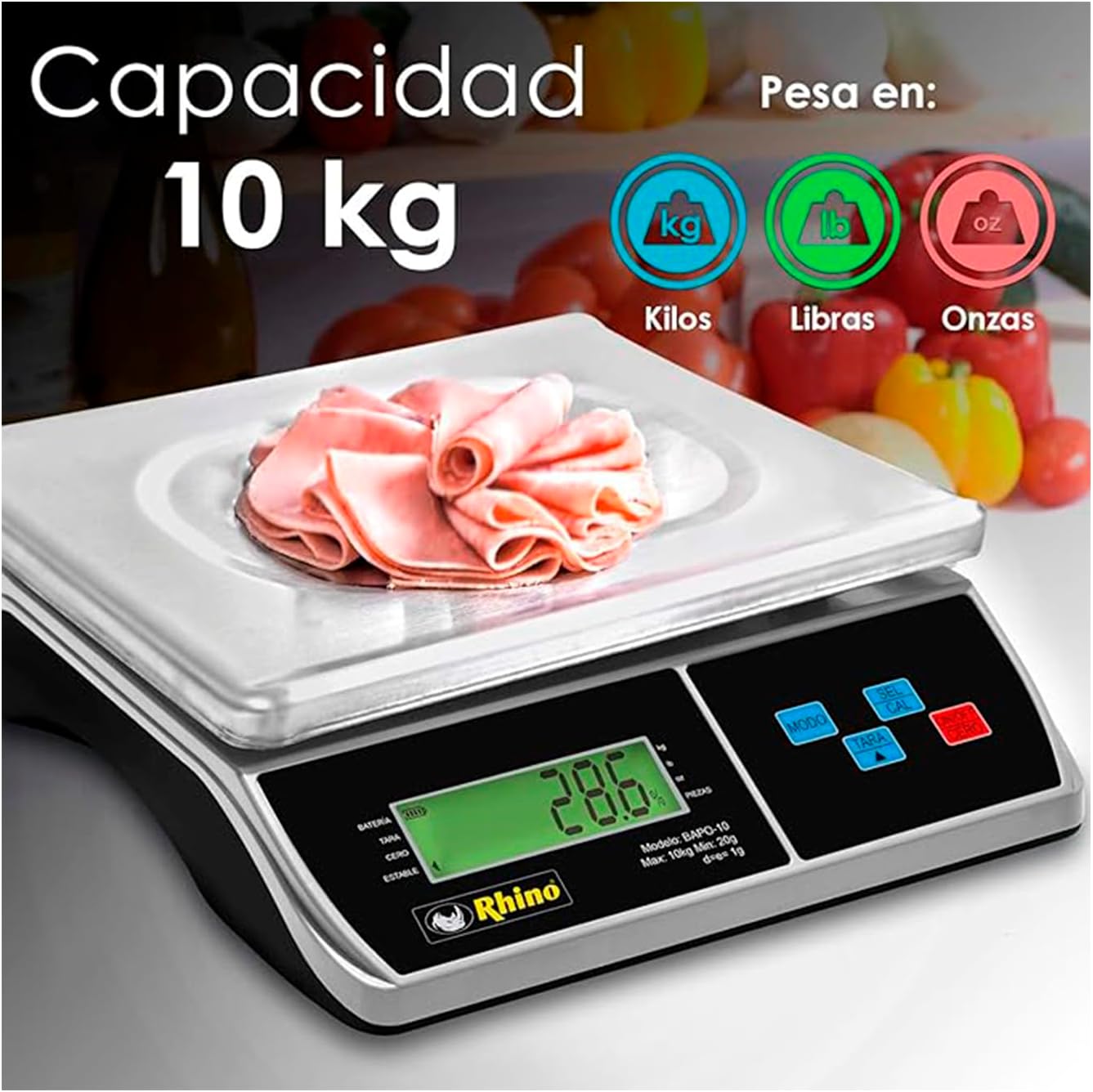 RHINO BAPO-10 scale showing 10kg capacity and unit options