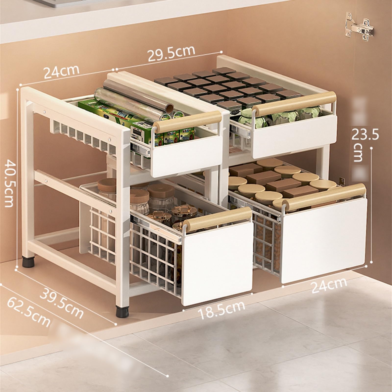 Organizer Sottolavello, Organizer per Mobiletto Estraibile A 2 Livelli, 2 Cassetti Estraibili, Ripiani Portaoggetti per Cucina, Soggiorno, Bagno,White-Set of 2