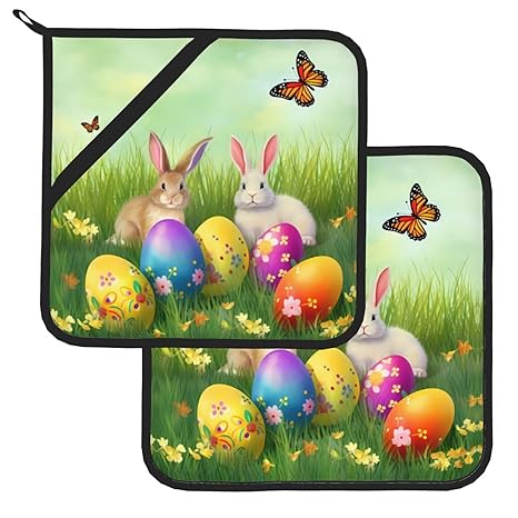 Pot Holders Set of 2, Funny Easter Bunny Cute Rabbit Eggs Heat Resistant Kitchen Non Slip Printed Cooking Barbecue Baking Microwave