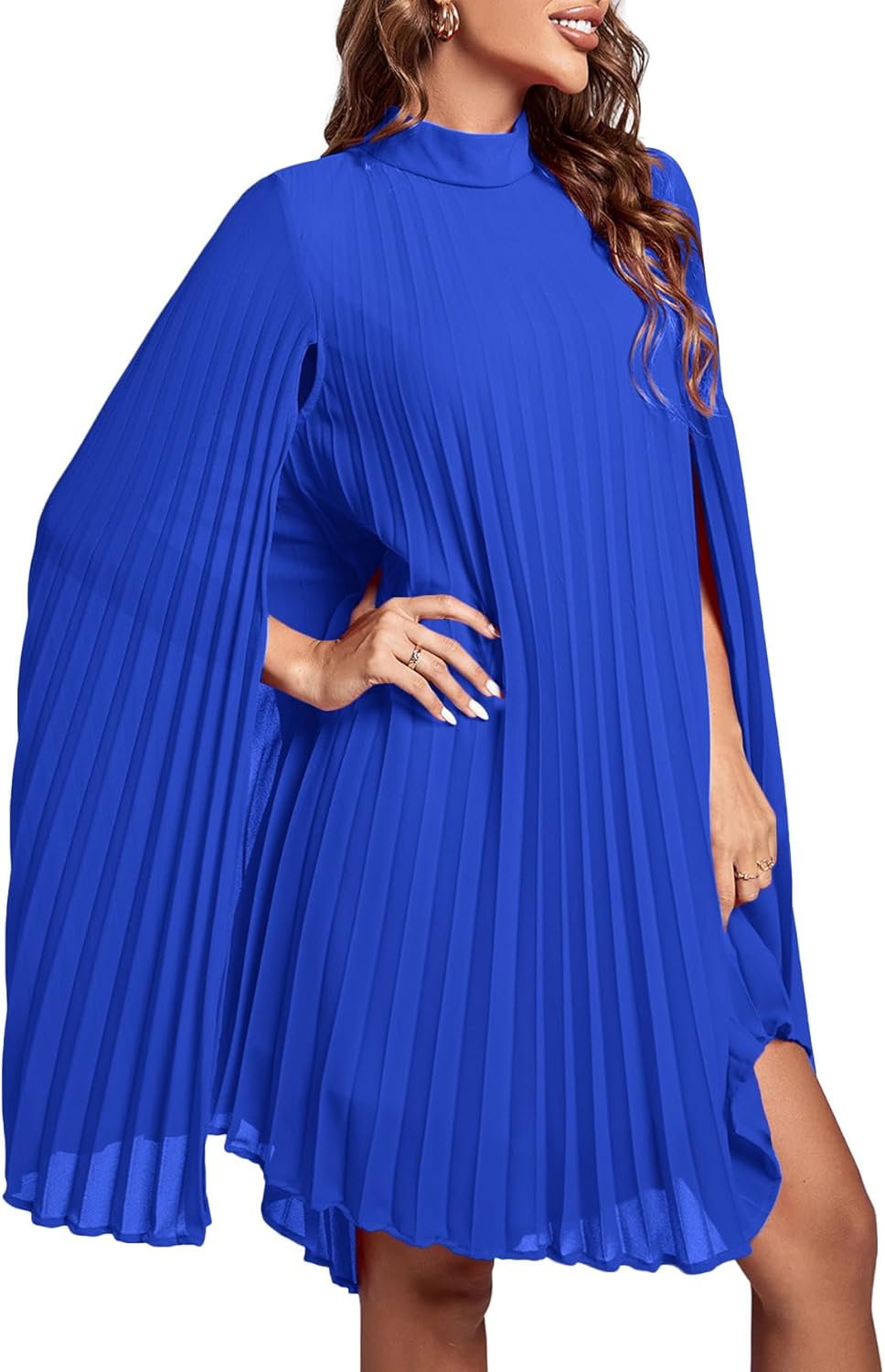 Rooscier Women's Mock Neck Cloak Sleeve Pleated Keyhole Back Flowy Party Midi Dress - Image 4