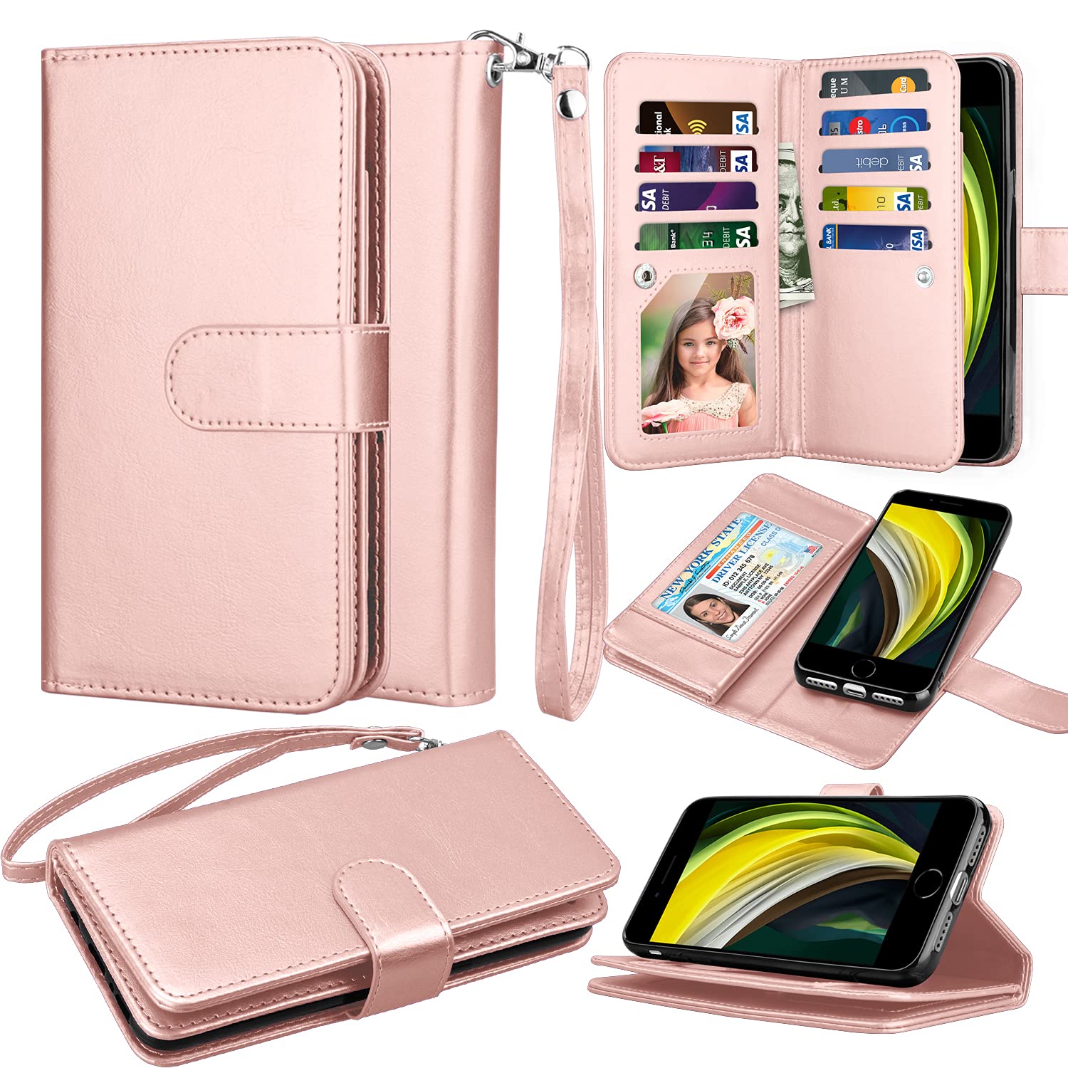 Takfox Wallet Case for iPhone SE 2020, for iPhone 7 / iPhone 8 Wallet Case, Women Men Leather Credit Card Slots Holder Folio Flip Cover [Kickstand] Detachable Magnetic Phone Case & Lanyard-Rose Gold