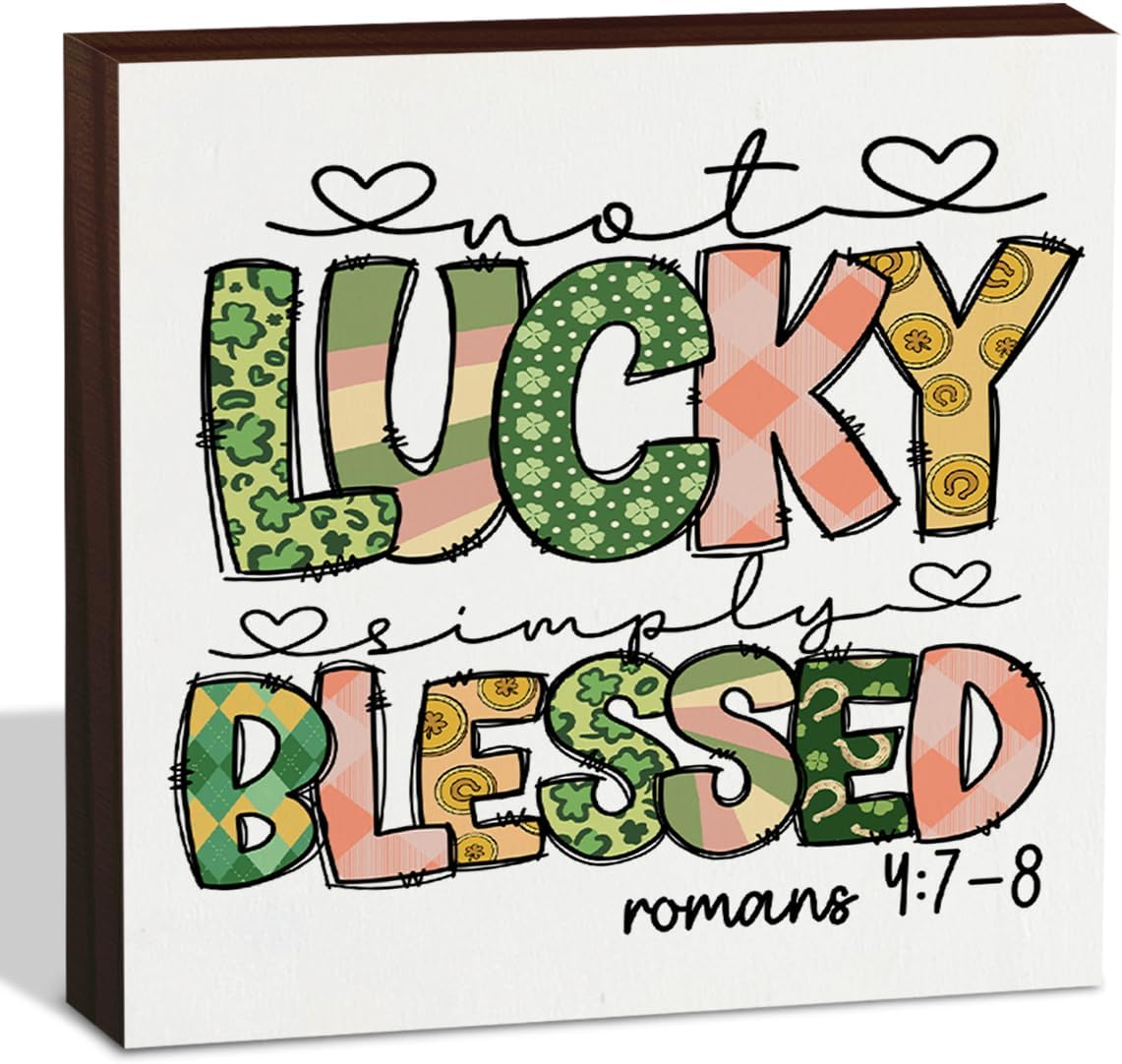 St. Patricks Day Farmhouse Decorative Signs Plaques Lucky Irish Wooden Box Sign Desk Decor Wood Block Plaque Green Box Sign Home Office Decor for Living Room Bedroom Kitchen Shelf Table - JK0447