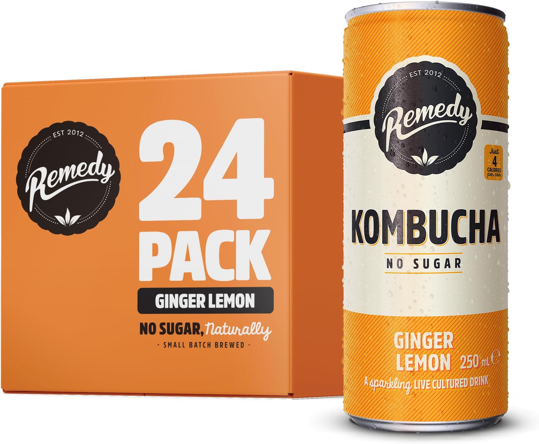 Remedy Raw Kombucha Tea - Sparkling Live Cultured Drink - Sugar Free Ginger Lemon - 250ml Can (24 Pack)