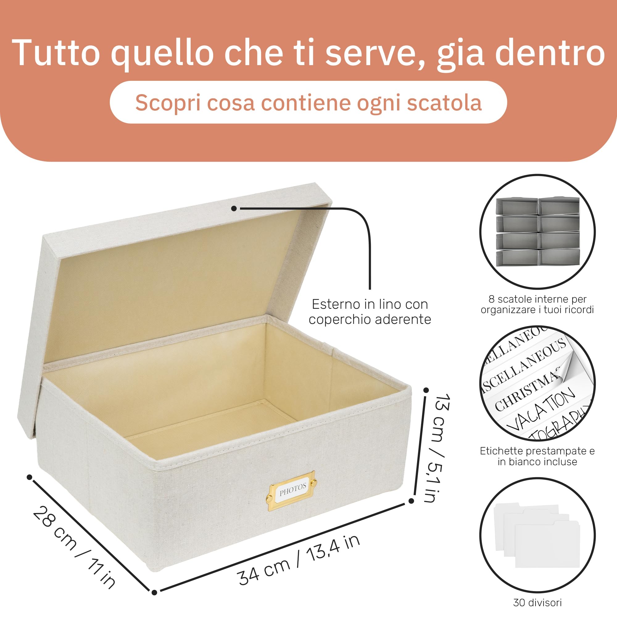 UCO Scatola Foto Ricordi Con Coperchio, 8 Scomparti, 30 Divisori, Beige